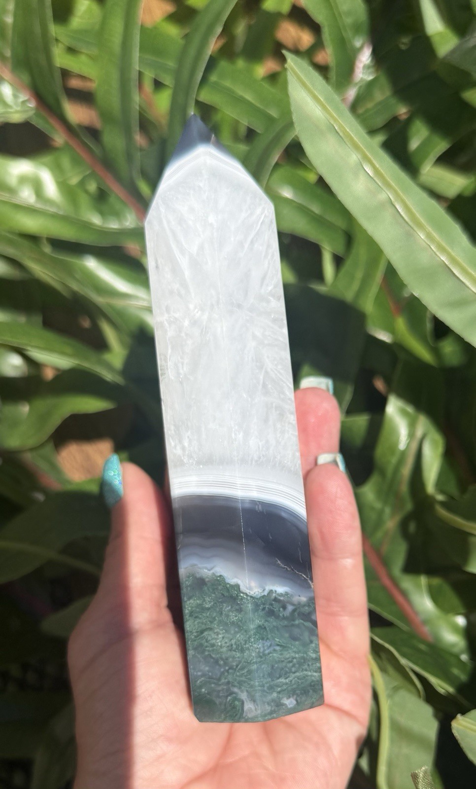 Large Natural Moss Agate in Quartz Crystal Tower White Plume Green Moss 6”
