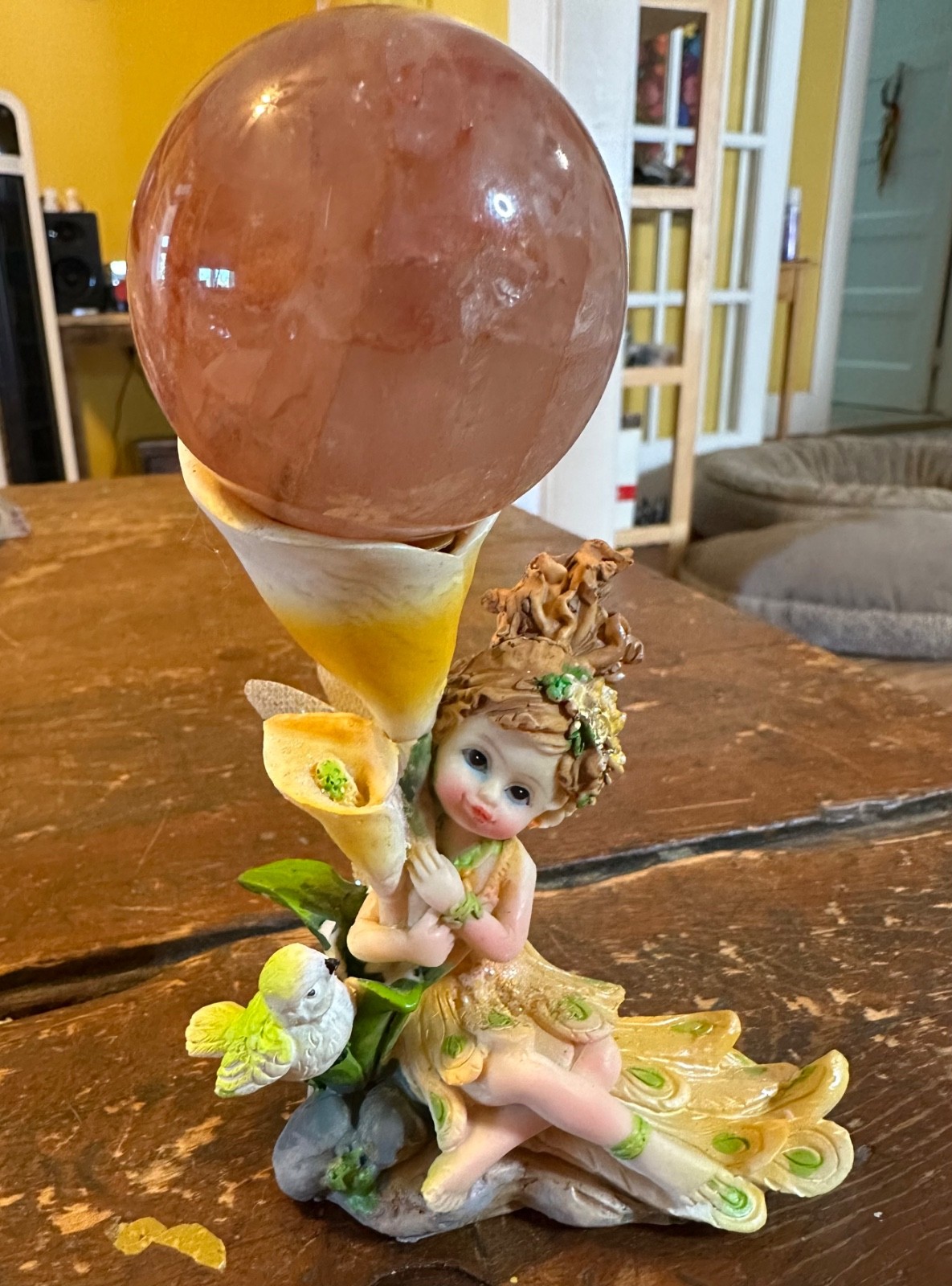 Fire quartz crystal sphere with ceramic cute fairy angel stand free shipping