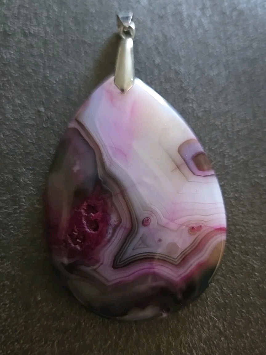 Agate Stone Pendant, Large, Pink and White Polished