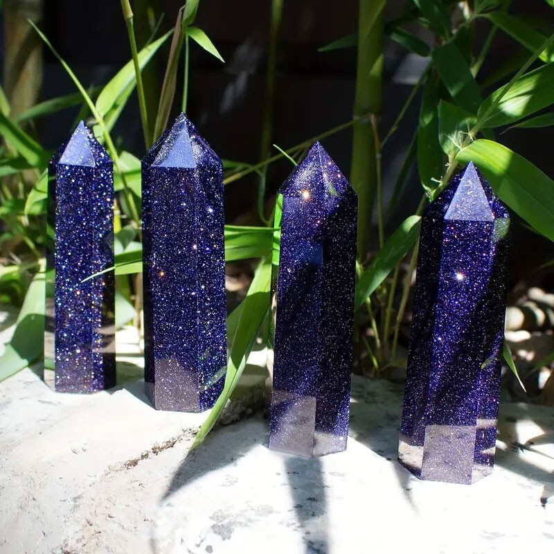Blue Goldstone Healing Crystal Wand Tower Point Home Office Decor Ornament Gifts
