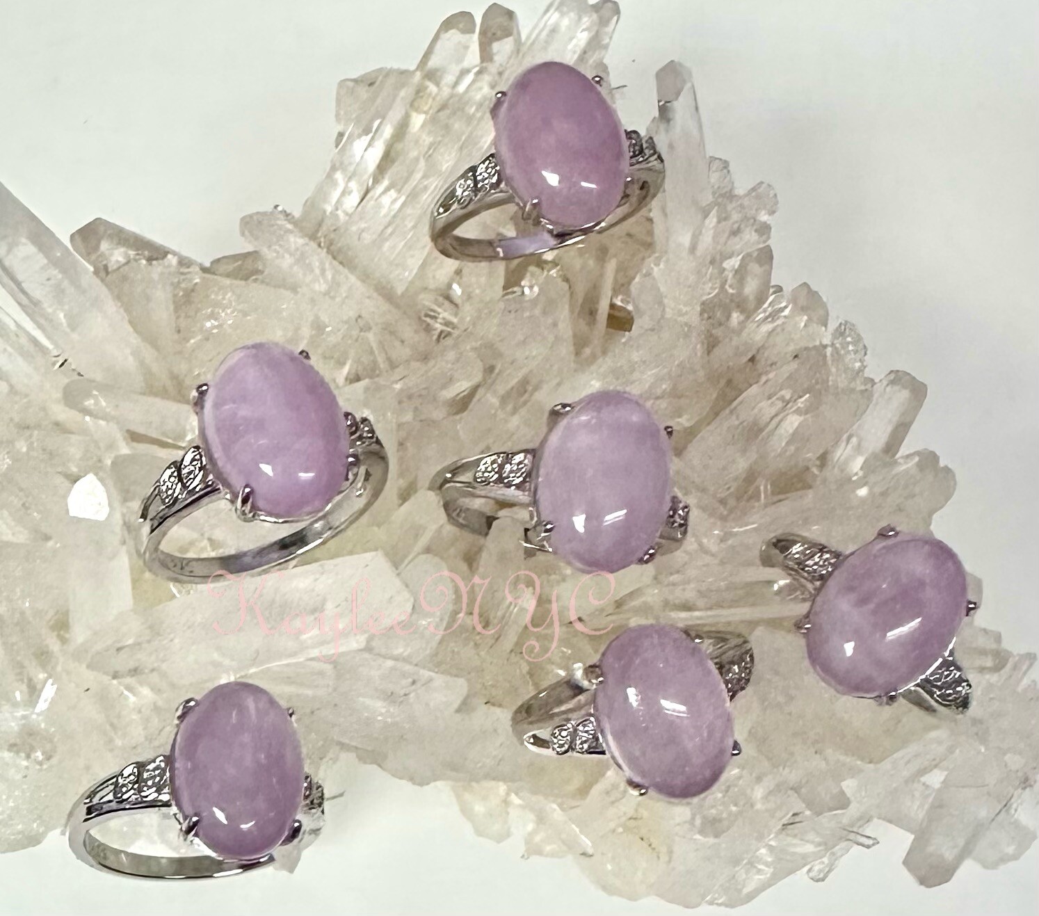 Wholesale Lot 6 Pcs Natural Kunzite White Bronze Rings Crystal Healing Energy