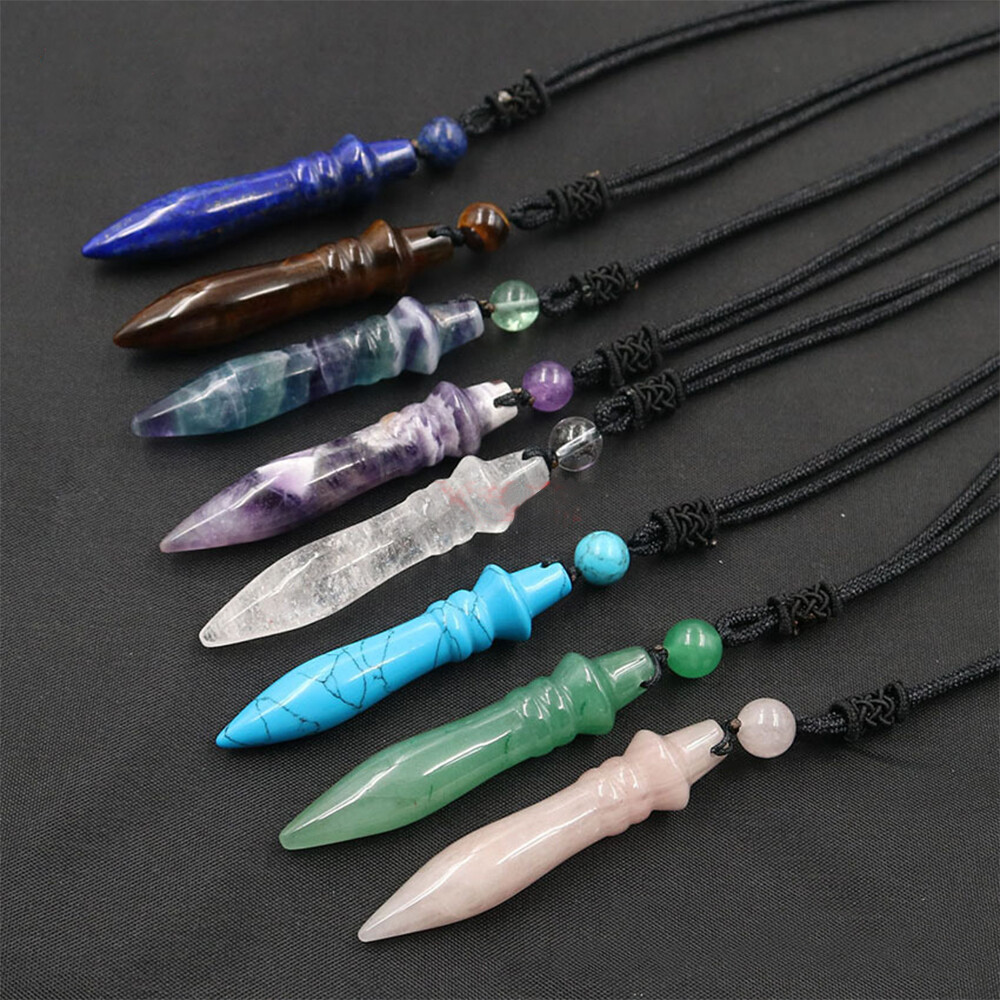 Pharaoh Scepter Necklace Natural Crystal Quartz Amethyst Fluorite Stone Pendant