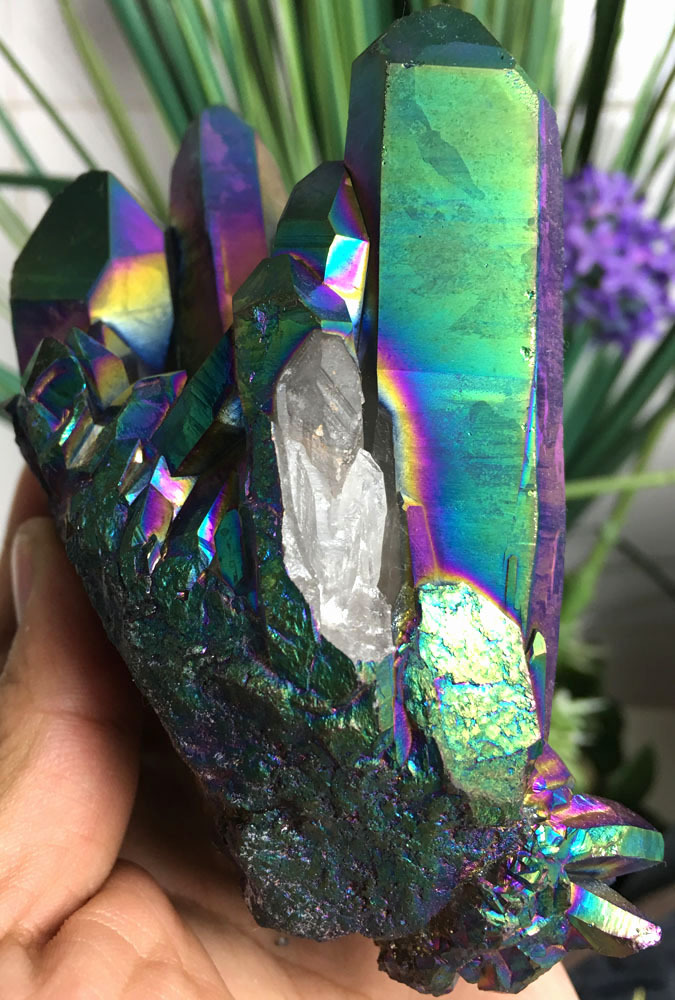 579g Rainbow Titanium plated Crystal Cluster, color-changing crystal