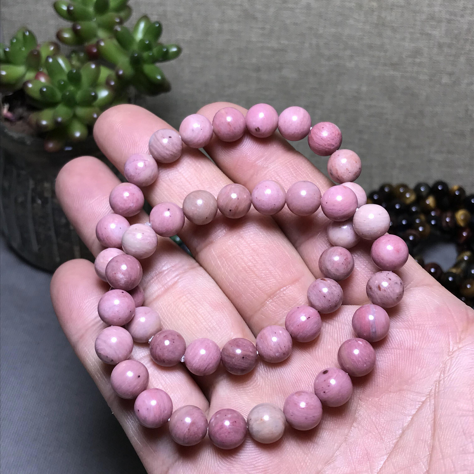 5Pcs Wholesal Natural Redwood pattern Pink bracelets Crystal ball sphere 8mm