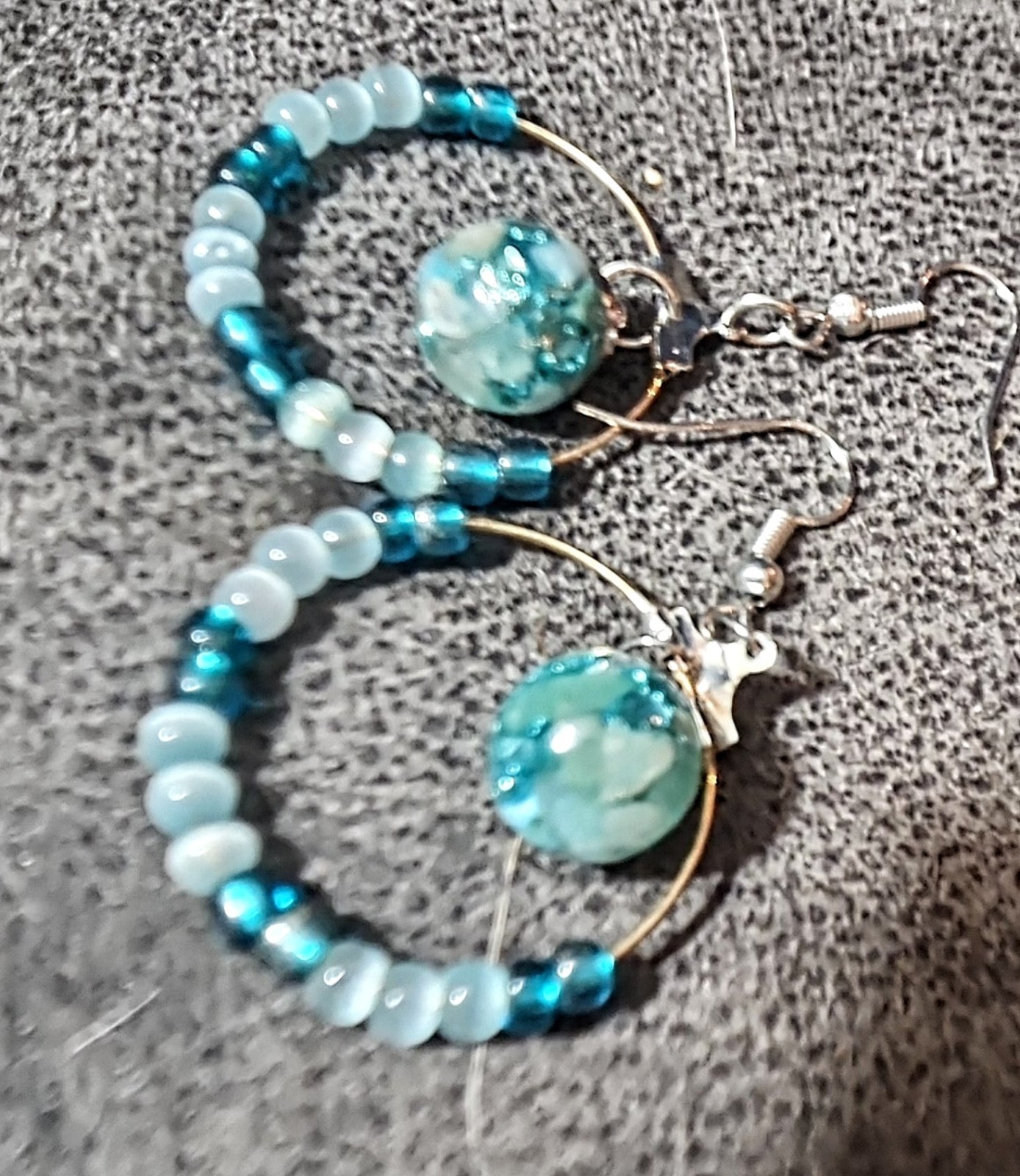 Natural Healing Rocks Teal In Glass Ball In Gold Hoop Earrings With Teal Beads