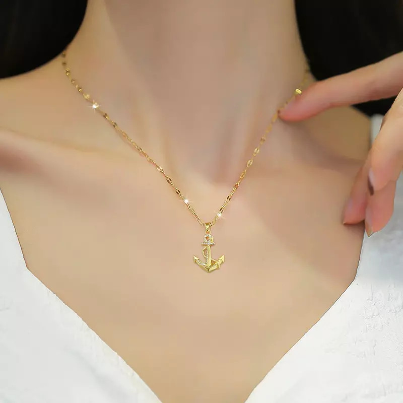 Women’s Fashion Jewelry Gold Cubic Zircon Anchor Pendant Necklace 1PC