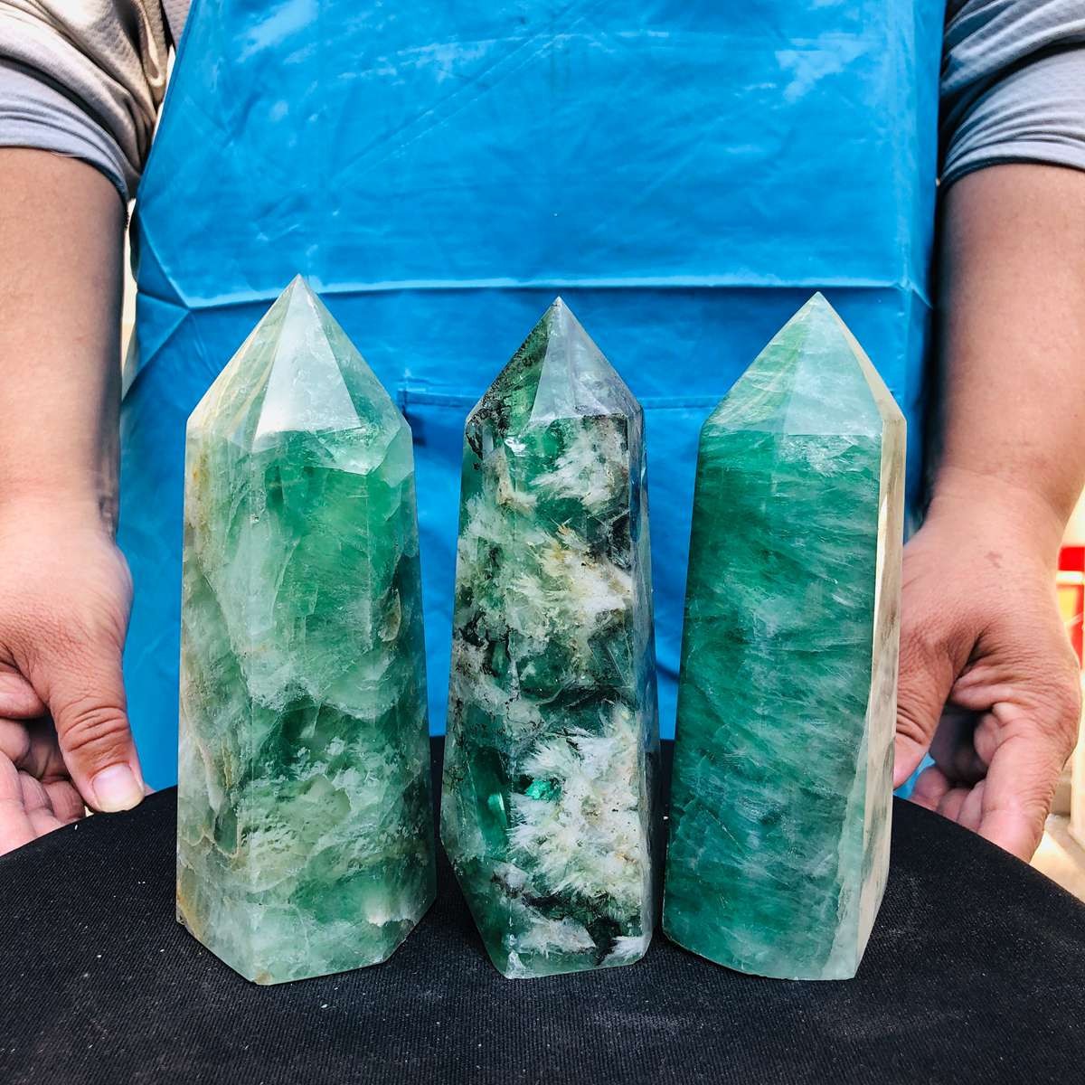 5.25LB 3pc Natural fluorite quartz obelisk crystal tower point healing decor