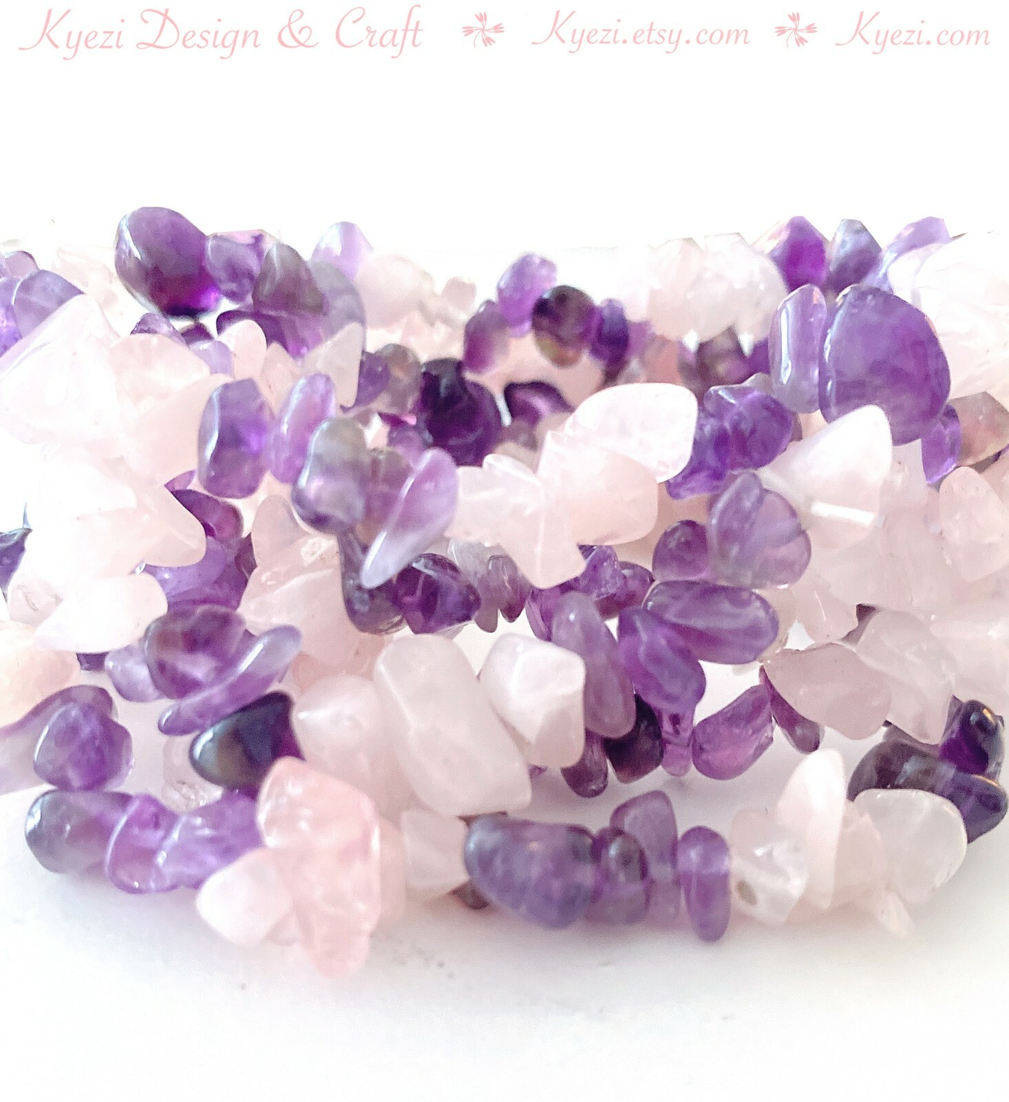 Amethyst and Rose Quartz Natural Crystal Gemstone Chip Stretchy Jewelry Bracelet