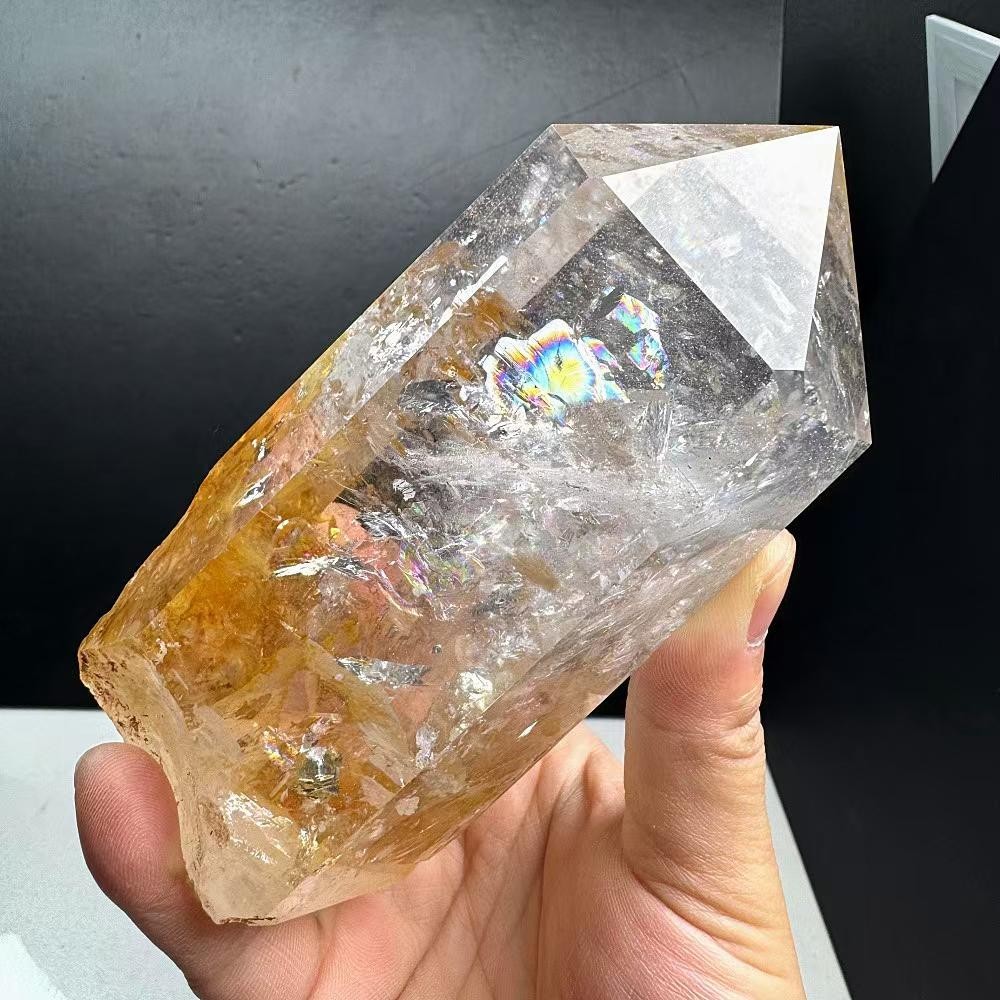 2.2LB Natural Rainbow White Quartz Obelisk Crystal Energy Tower Reiki +Stand