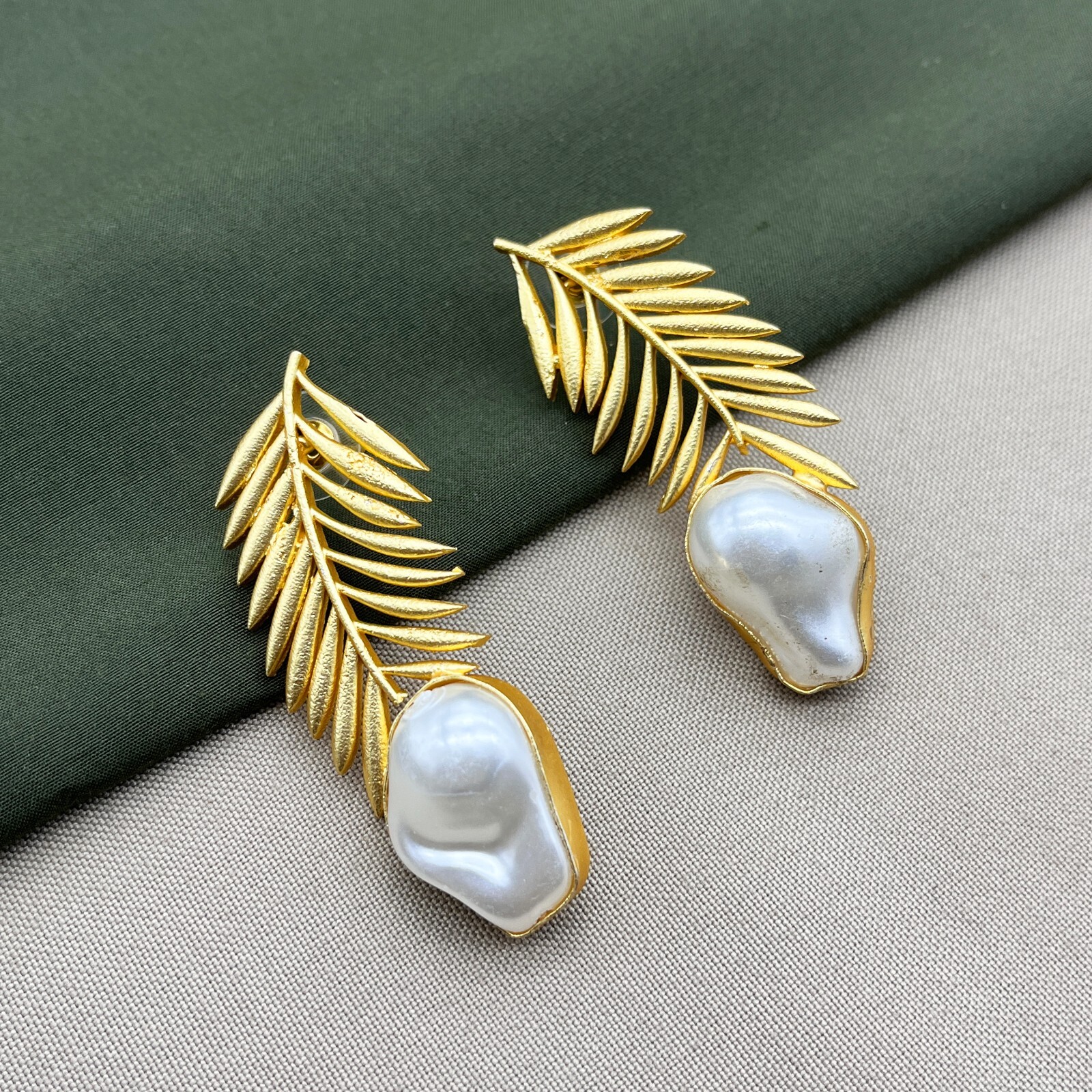 Gold Plated Brass Pearl Stone Ethnic And Unique Leaf Design Push Back Earrings