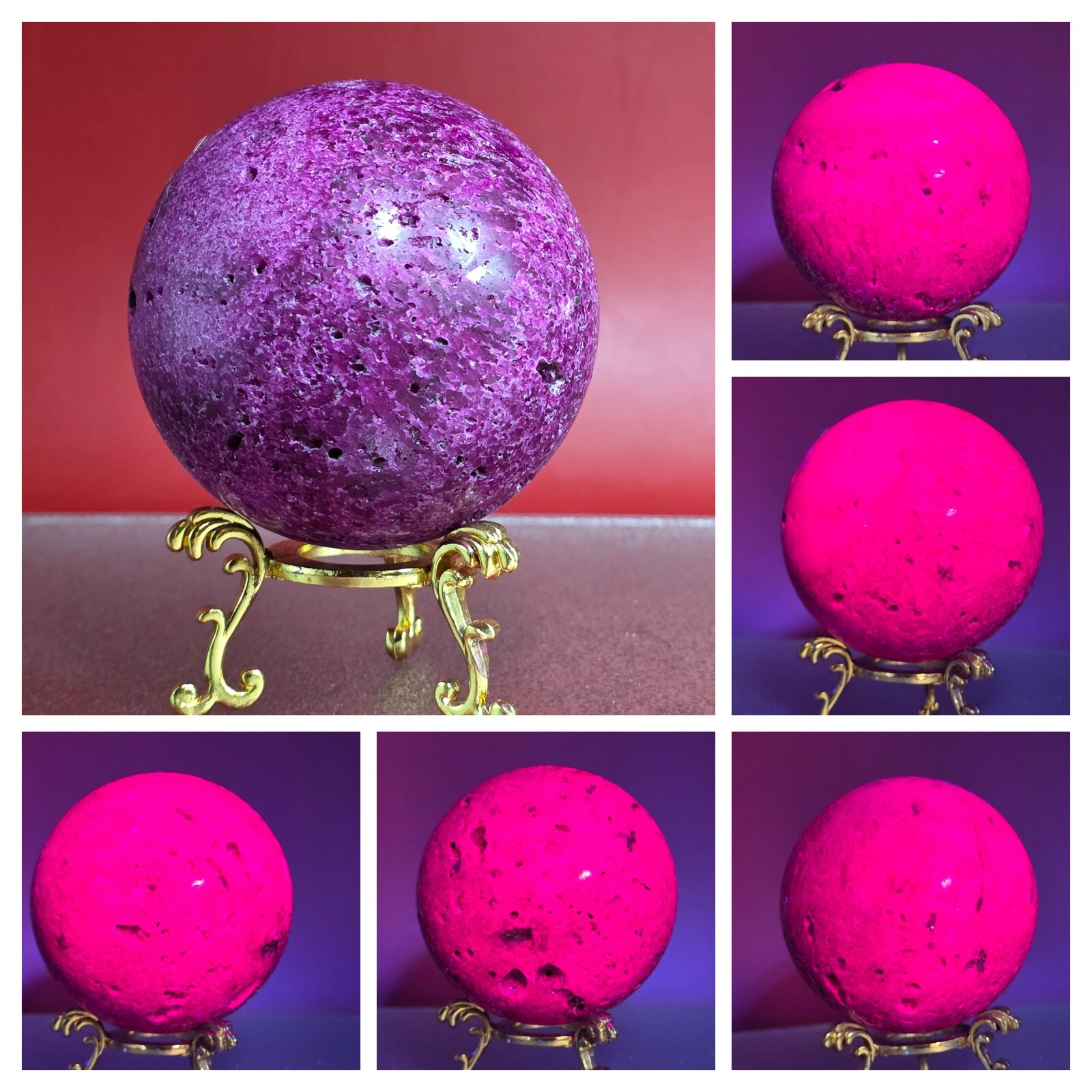 1+LB Honeycomb Ruby Crystal Sphere UV Reactive Natural Gemstone Unique Decor