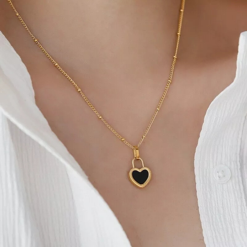 Fashion Jewelry Gold Black Heart Cubic Zircon Pendant Necklace 1PC