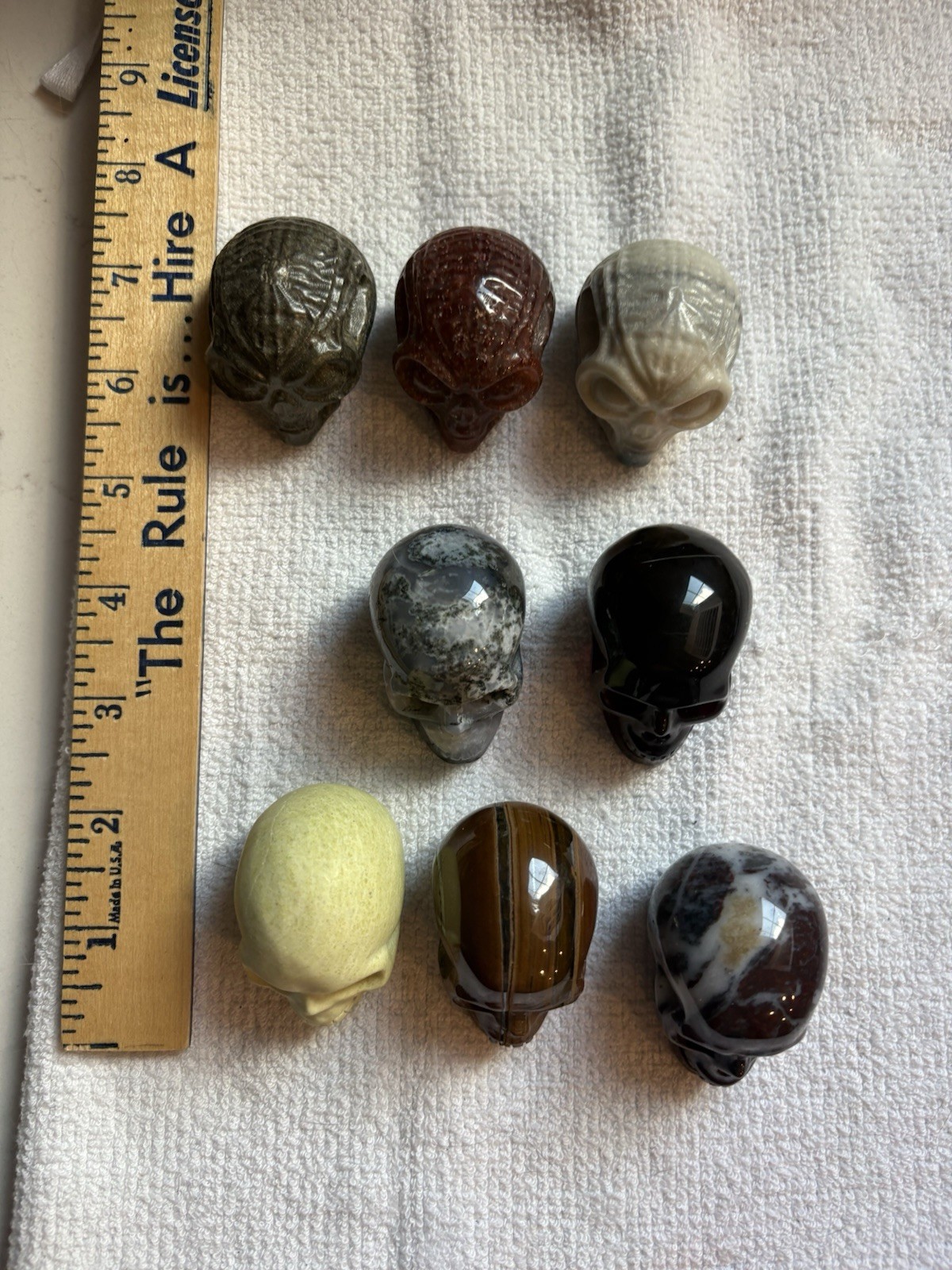 Lot If 8 Mini Skulls Human And Alien Green Moss Agate Pyrite Tiger Iron Eye