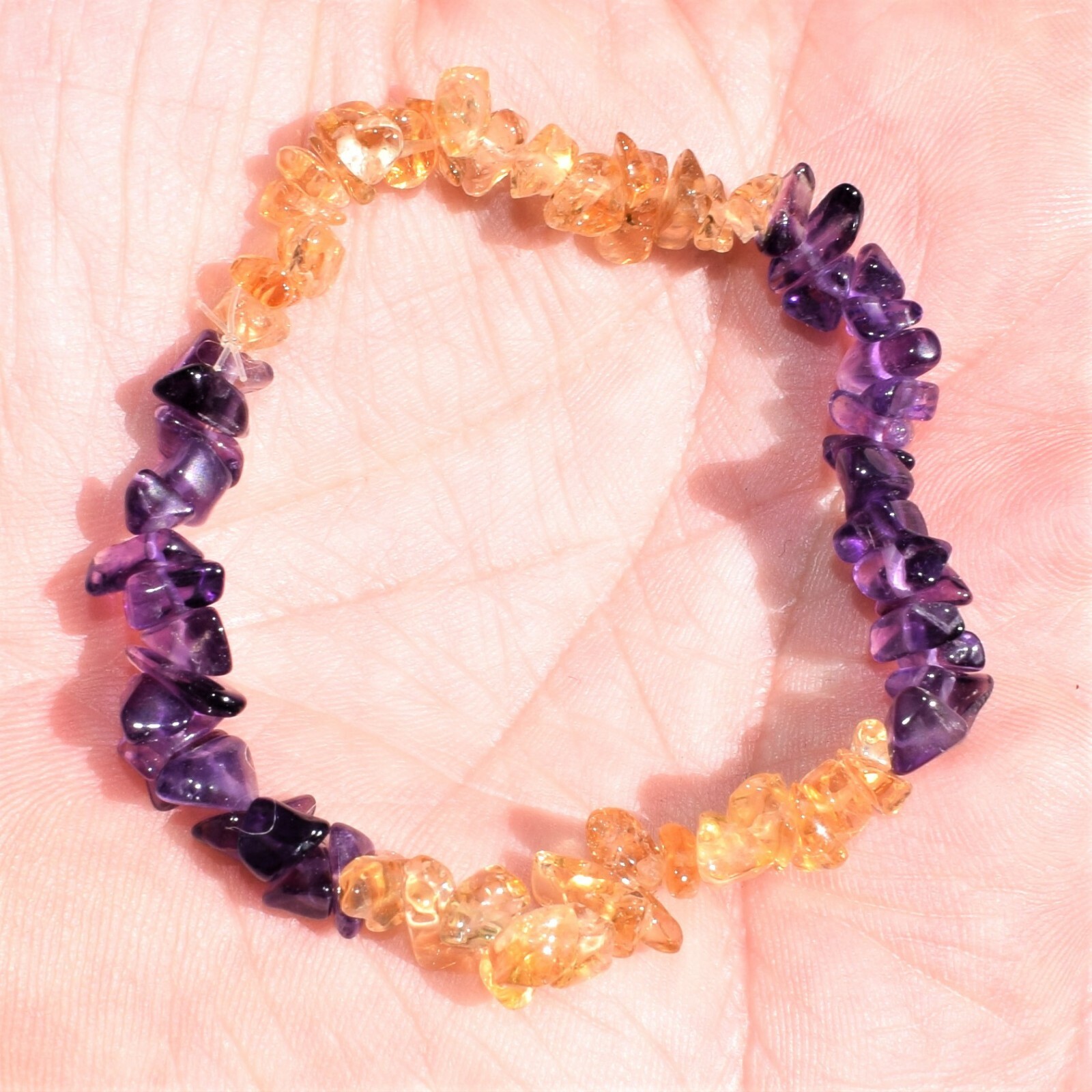CHARGED Amethyst & Citrine Crystal Chip Stretchy Bracelet + Selenite Puffy Heart