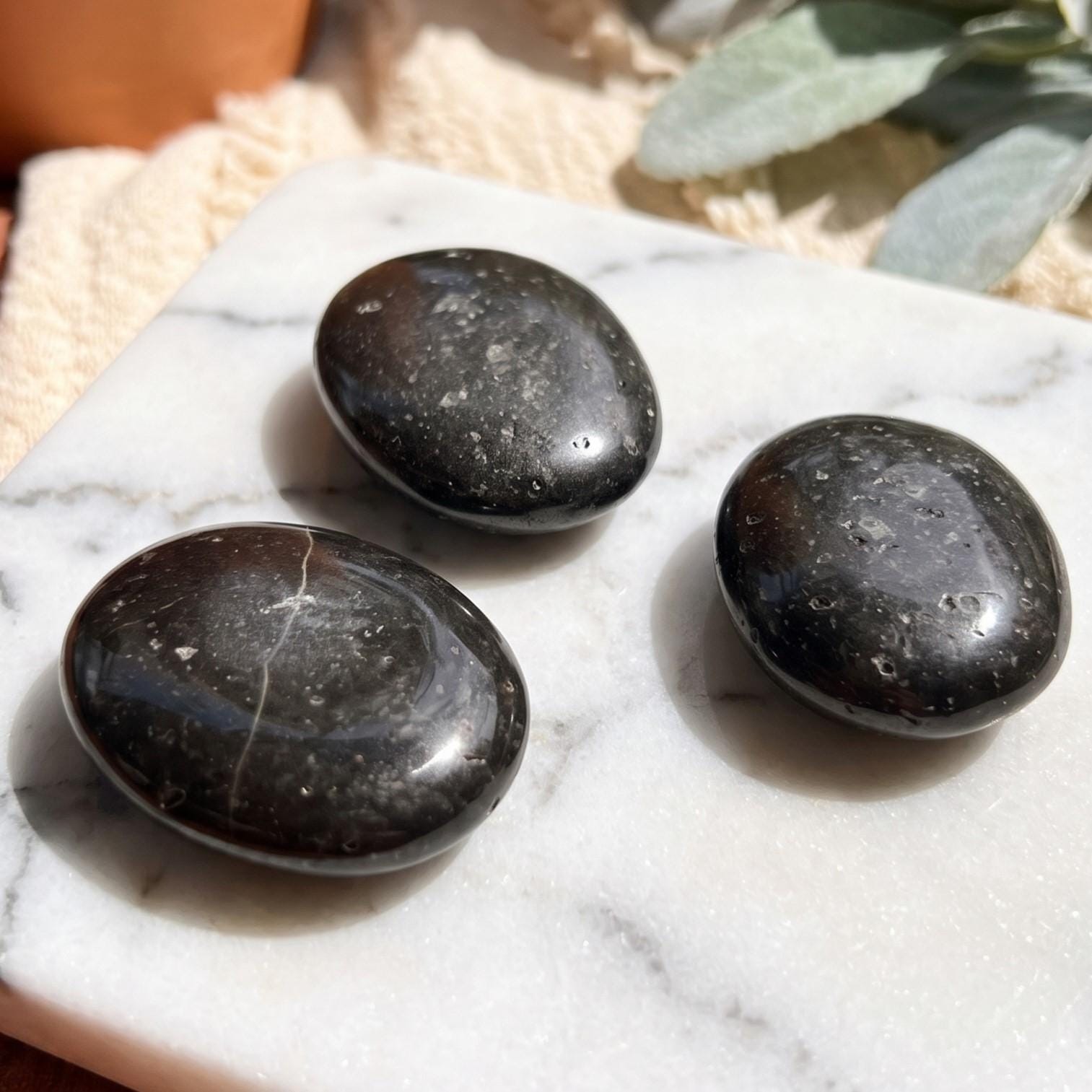 Black Tourmaline Crystal Palm Stone Carving Natural Genuine Mineral