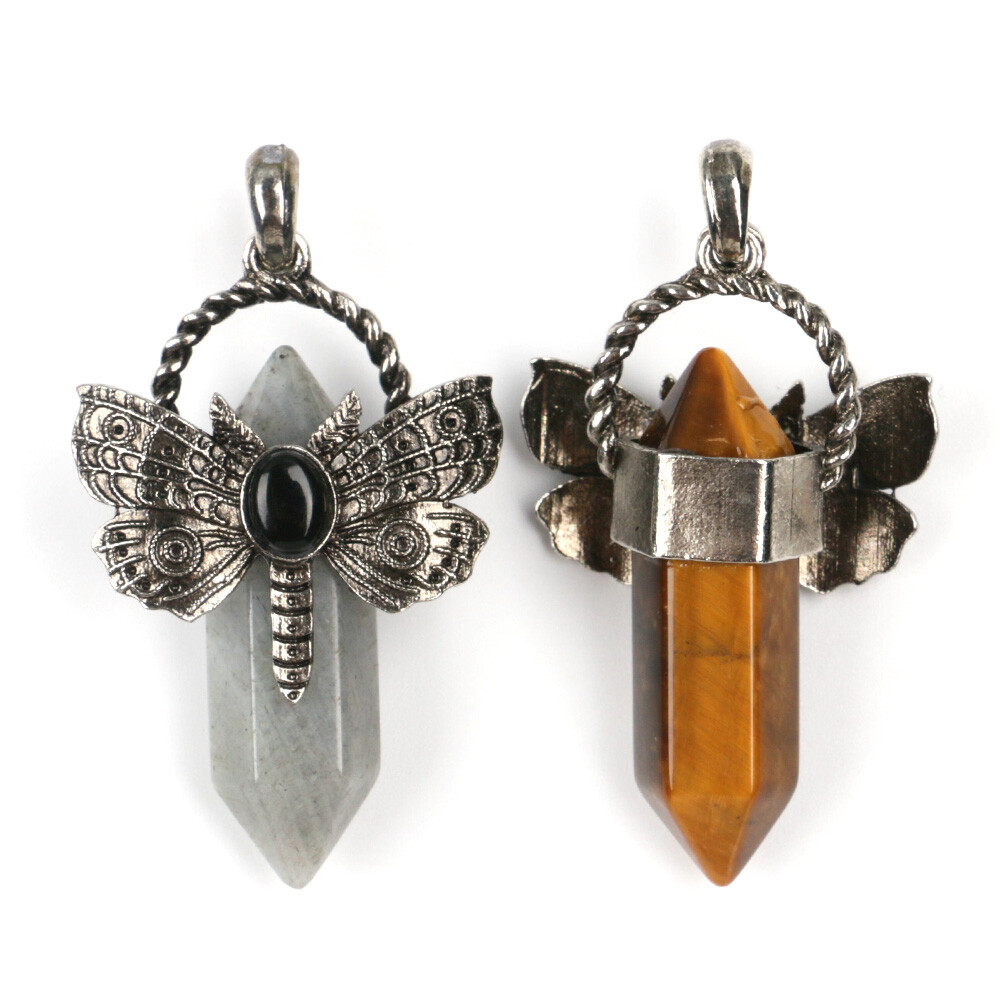 1pc Chakra Crystal Moth Dragonfly Pendants Obsidian Bead Gemstone Point Wand DIY