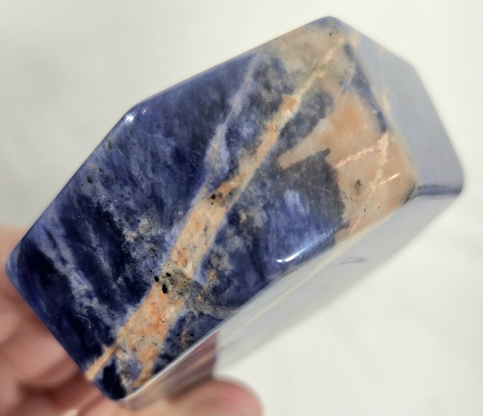 Large Polished Sodalite Octagon Bowl Deep Blue & Orange Veins 4-5″ Crystal Dish