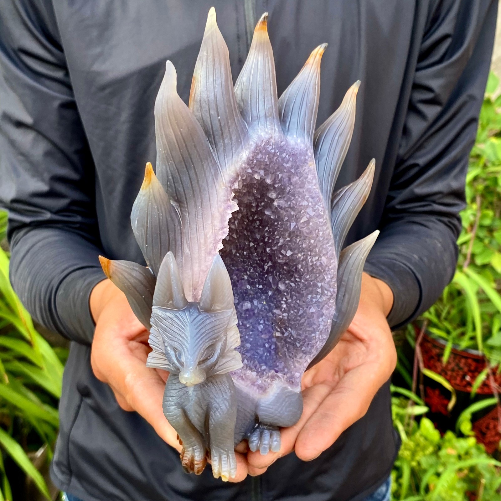 2.86LB Natural Agate Geode Hand Carved Nine-tailed Fox Quartz Crystal Decor