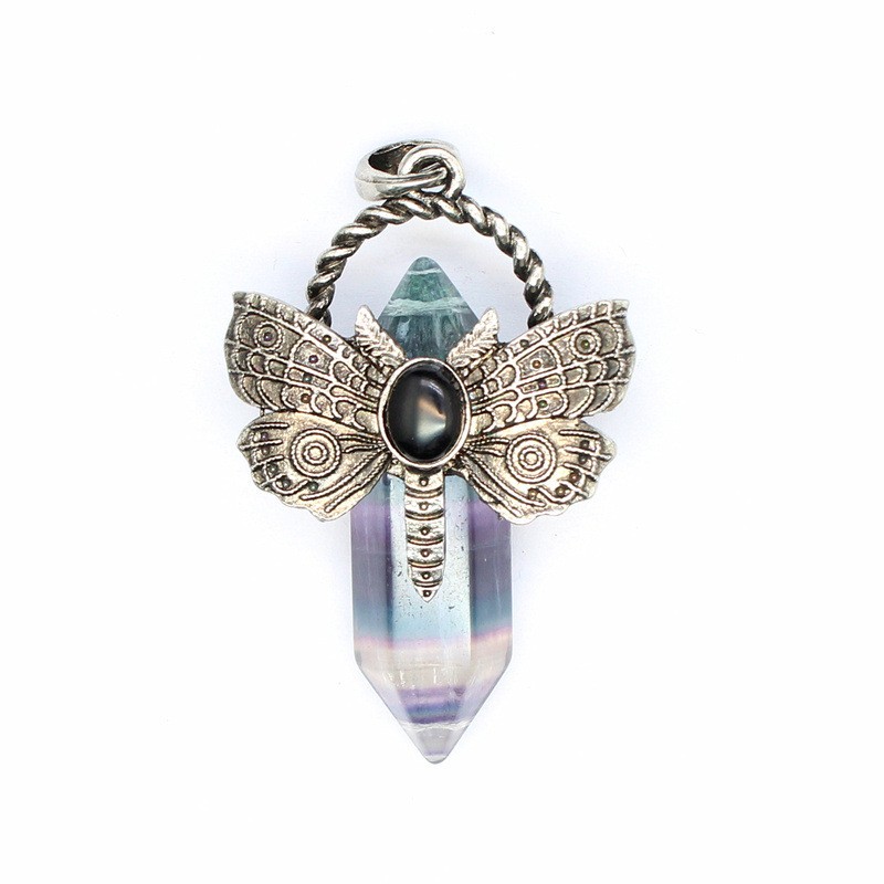 3-5PCS Natural Crystal Retro Dragonfly Hexagonal Column Crystal Pendant