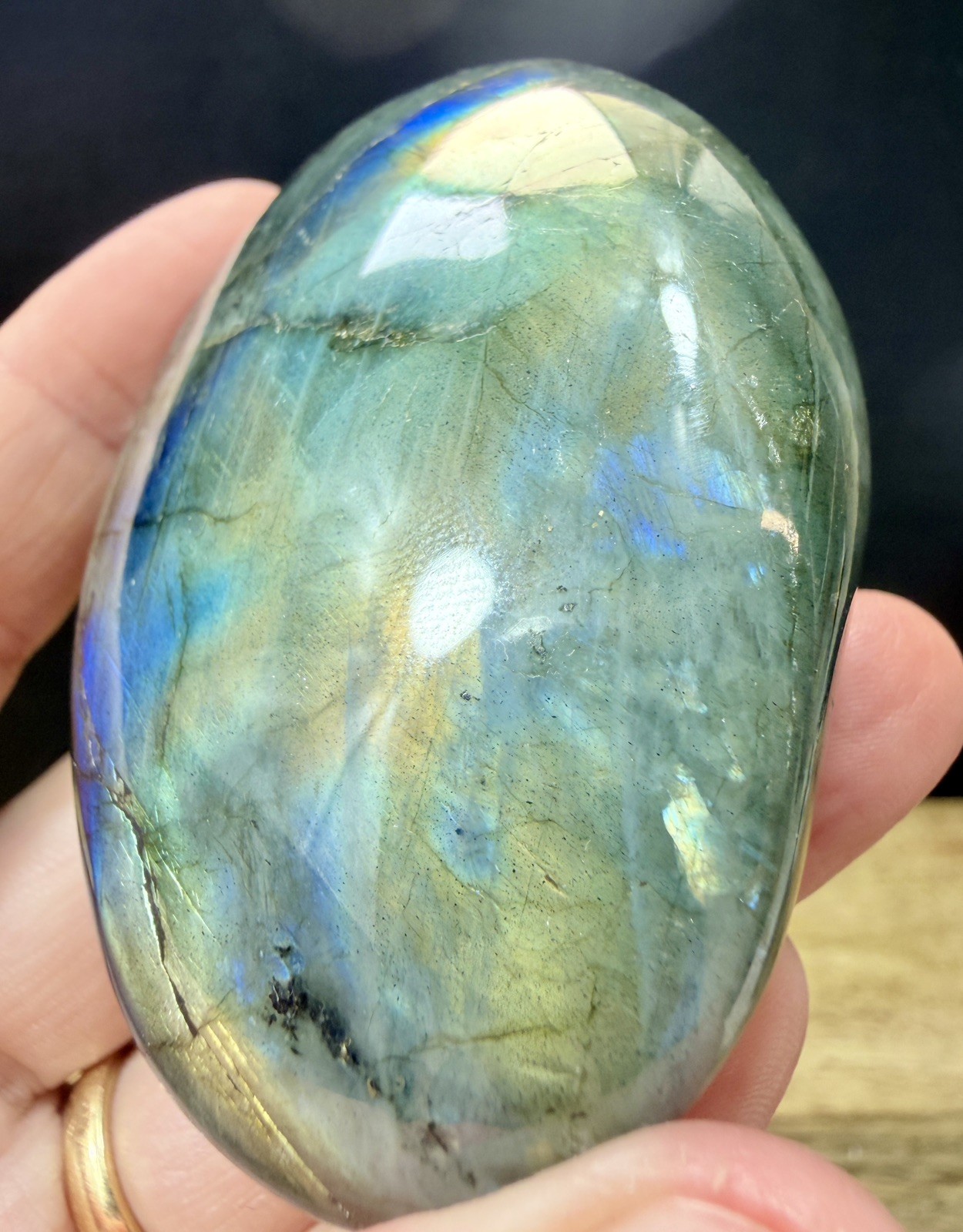 Crystal Labradorite Palmstone heal reiki mindfulness Aura meditate Flash 146g 2