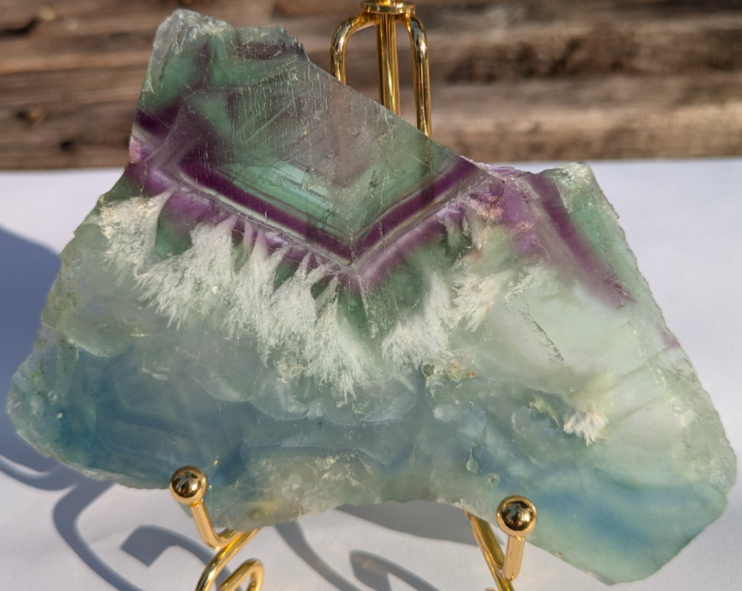 Purple Green Fluorite geometric banding w/snowflake feather slab crystal Unique!