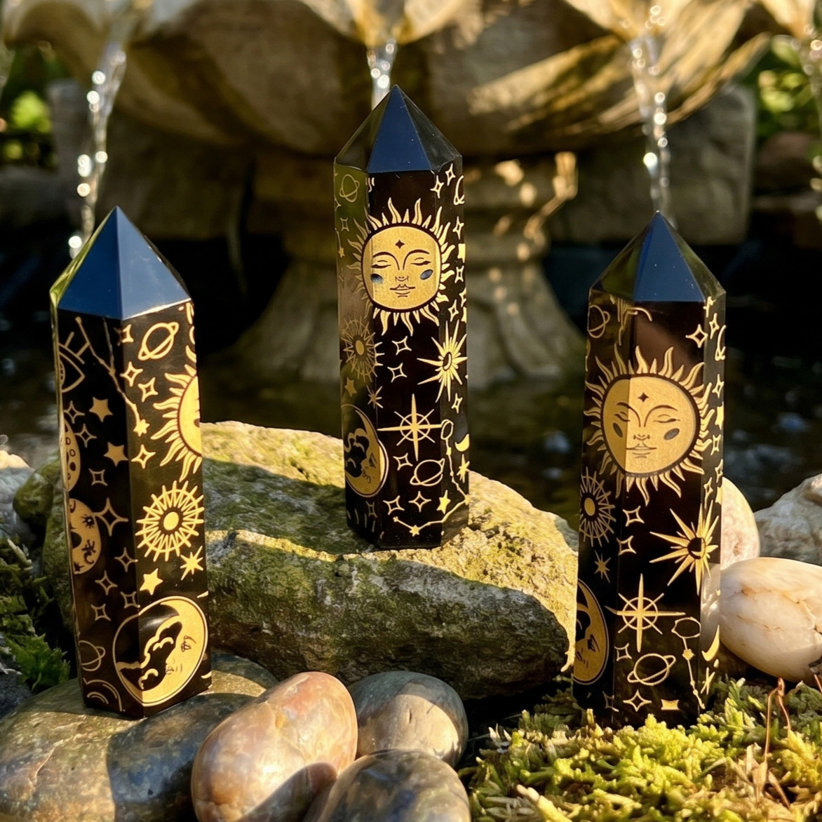Black Obsidian Point Tower Carving With Gold Sun Moon Decals