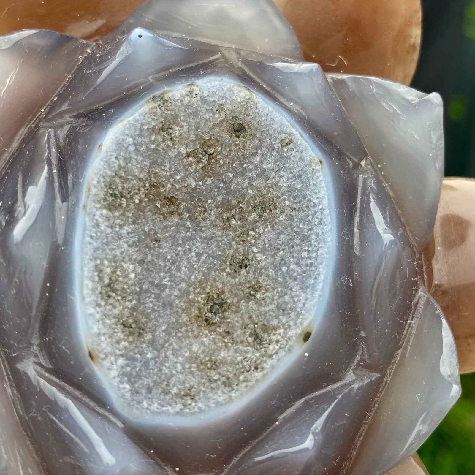 343G Natural Agate Geode Carved Lotus Flower, Hand Carved Healing Crystal Home