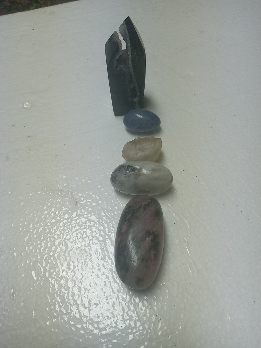 5 Crystal Set : Crazy Druzy Moss Agate Tower, Baby Geode Clear Quartz, 3 Tumbles