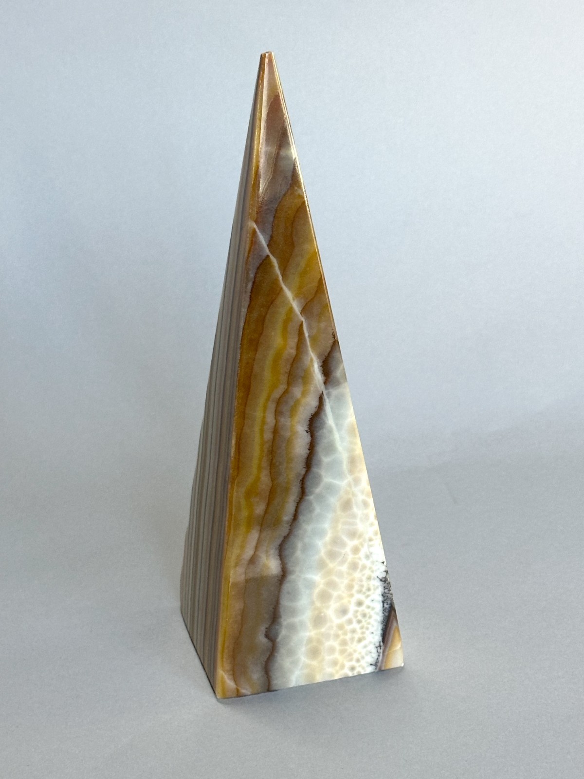Stunning Rare 9 in. Banded Onyx/Calcite Obelisk Pyramid Stone