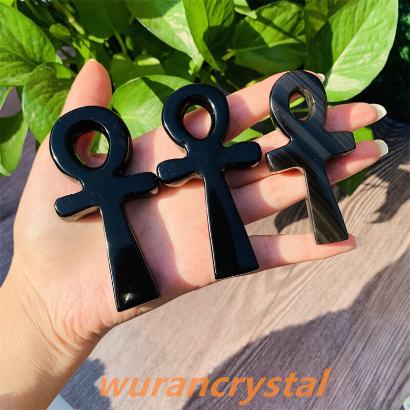 3″+ Natural Quartz Crystal Obsidian point Anka Life Key Life Symbol Cross gift