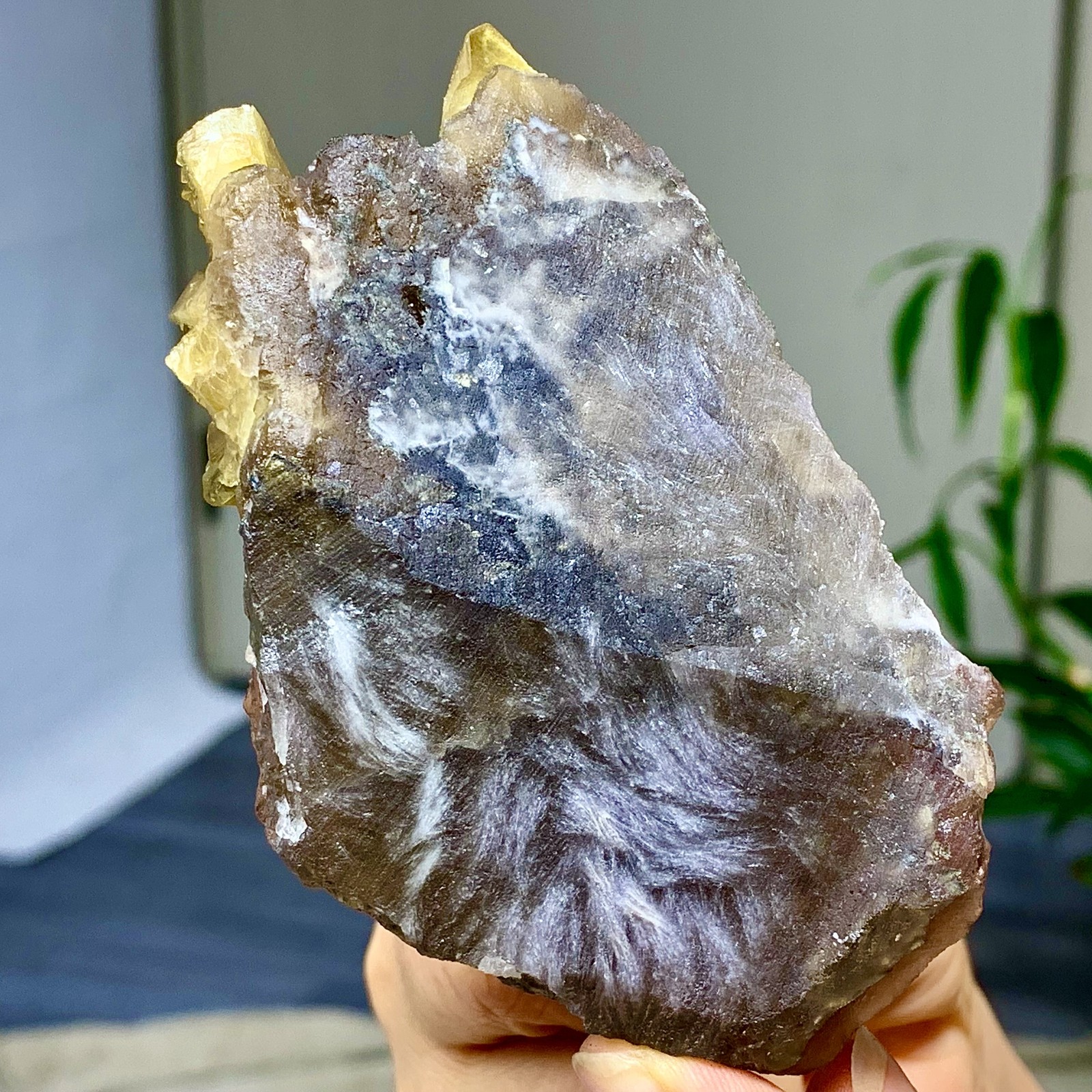338G Shiny Golden Cuboid Barite Crystal Based on the Purple Spherical Fluorite
