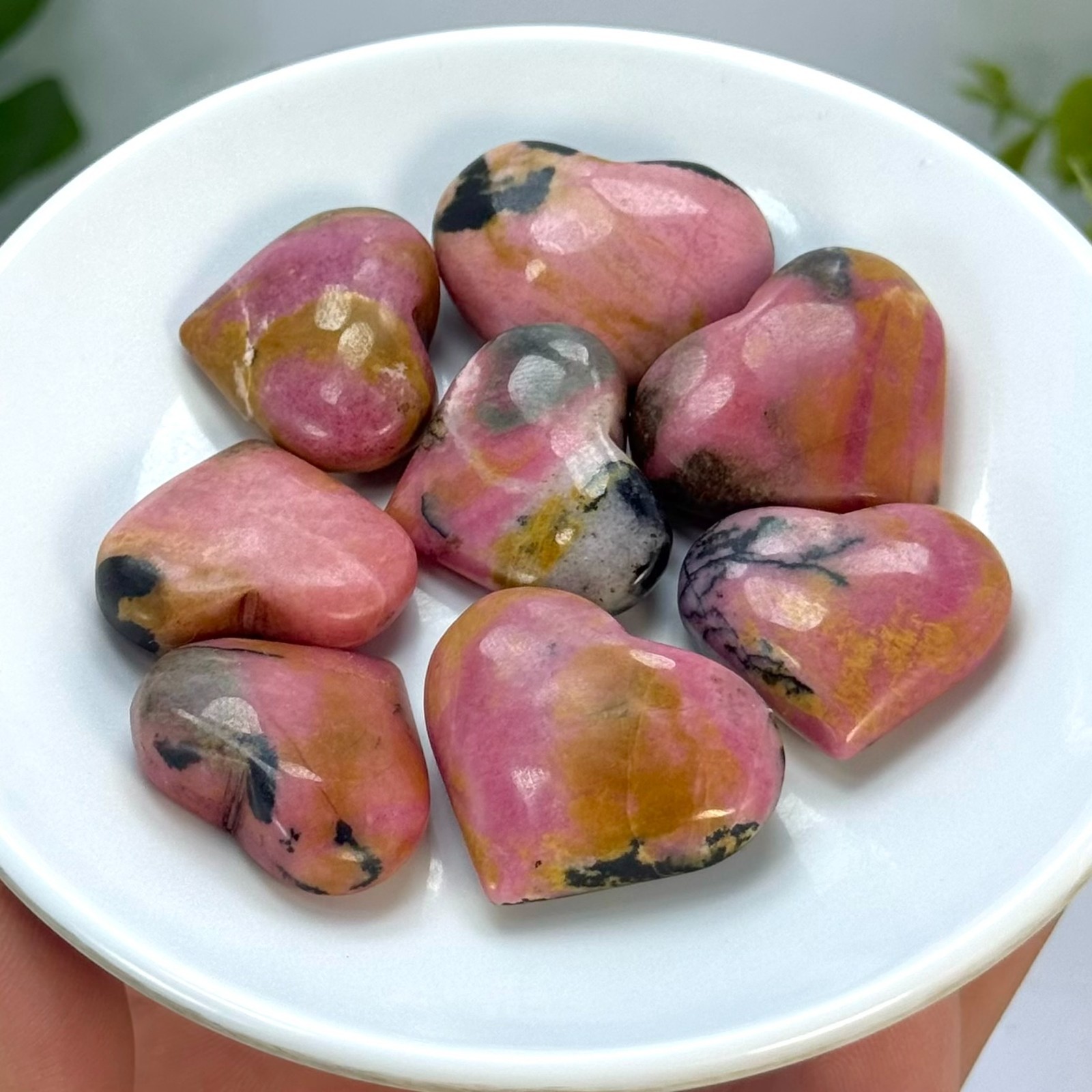 Pink Polished Rhodonite Crystal Heart Stones, Rhodonite Polished Pink Heart Ston