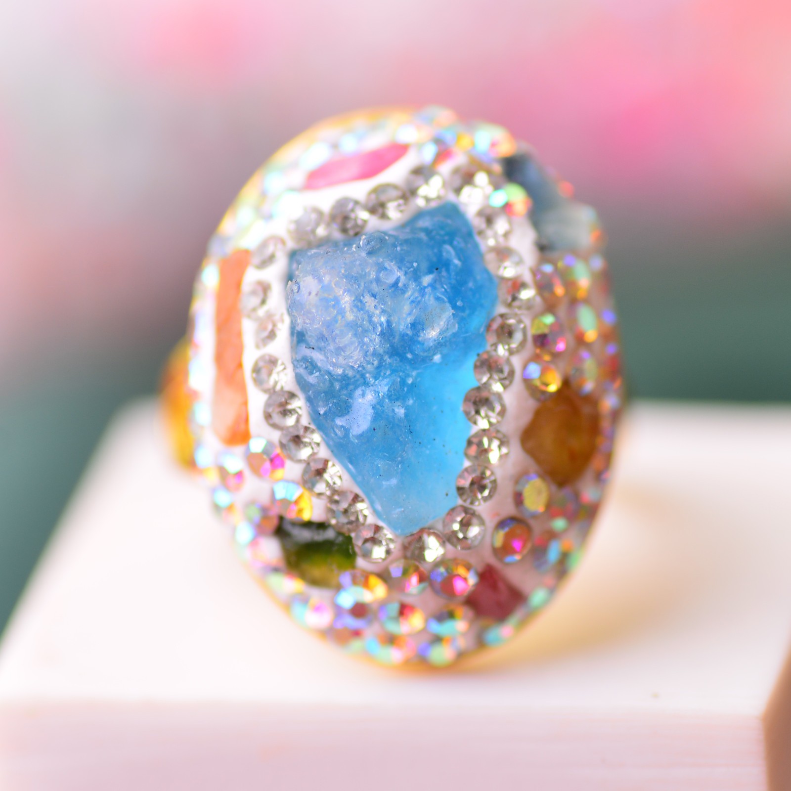 Aquamarine ring, alloy inlaid with handmade gemstone jewelry Energy Crystal