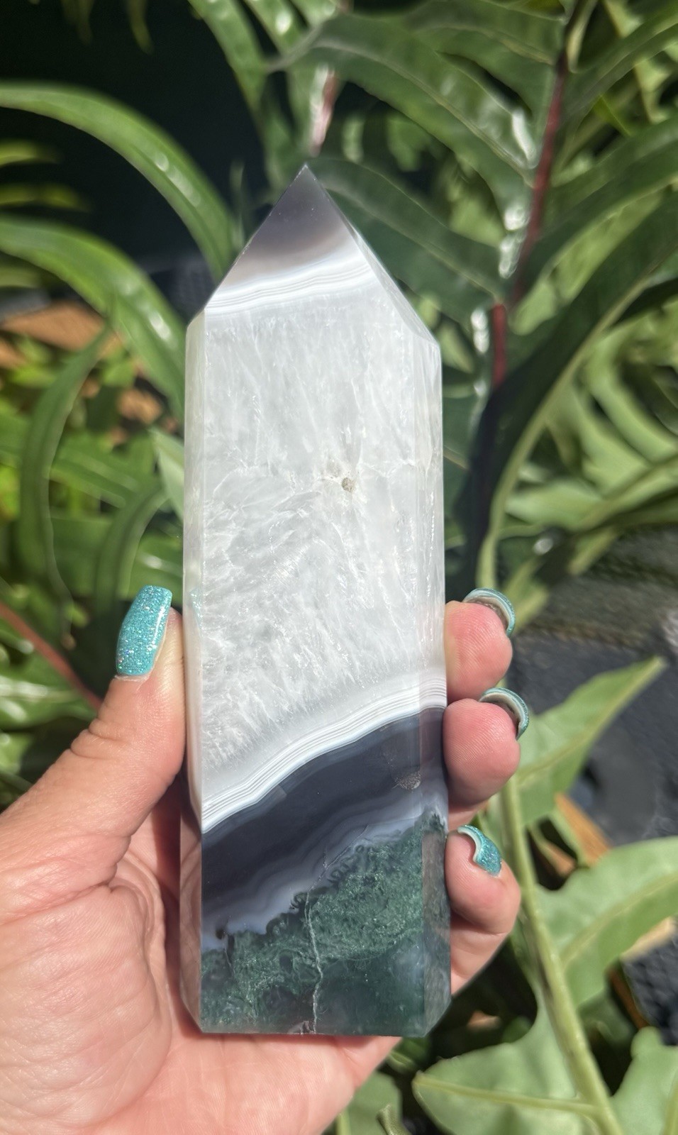 Large Natural Moss Agate in Quartz Crystal Tower White Plume Green Moss 6”