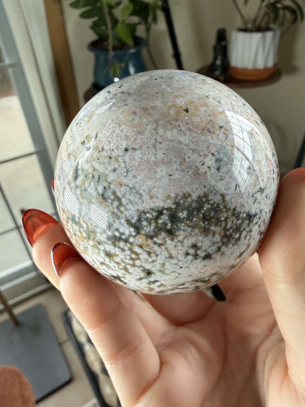 8th Vein Ocean Jasper Sphere – Druzy – Pink, White, Blue & Green Orbs – 9.91 oz