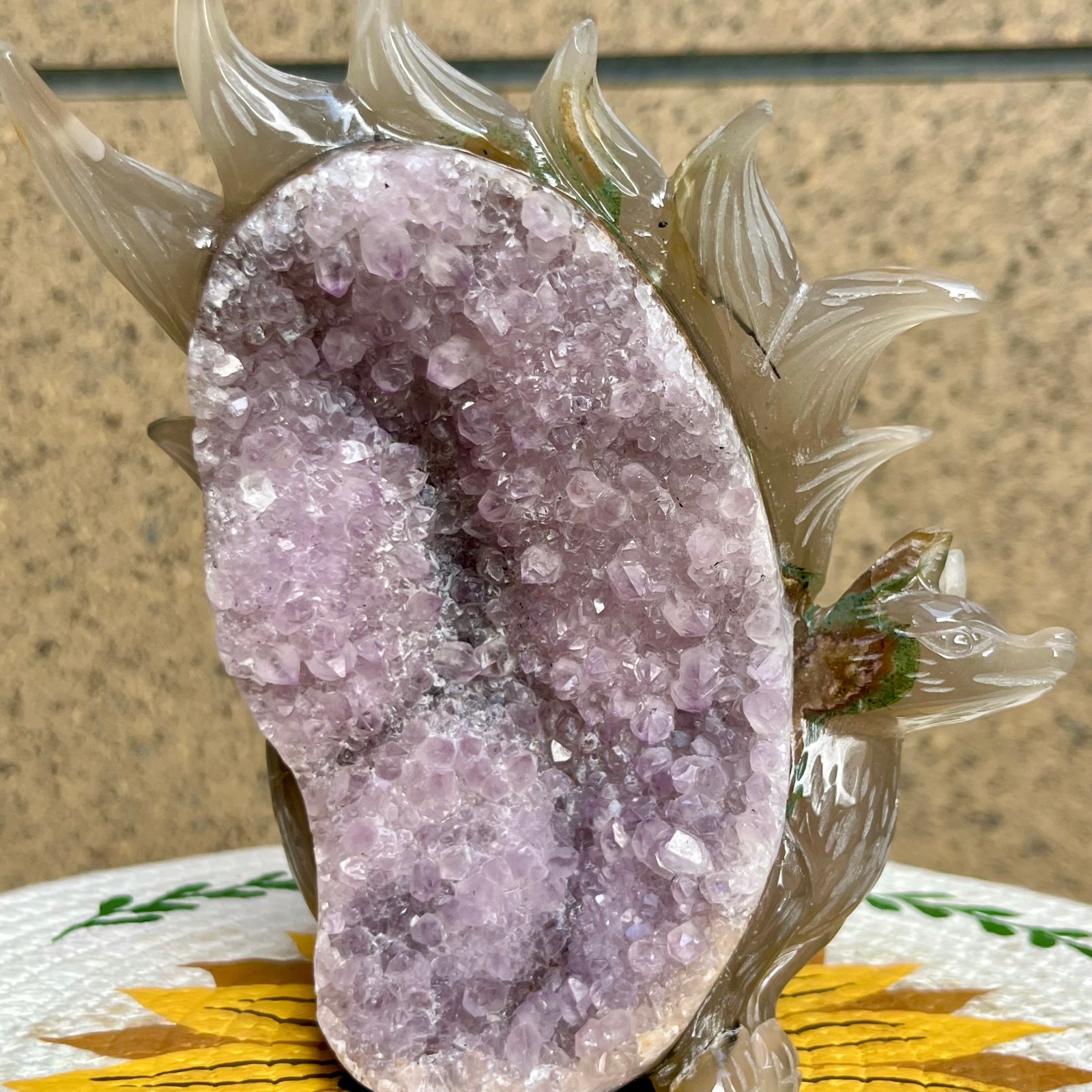 2.5 lb Unique Agate Geode Druzy Fox Carving Crystal Animal Collectible Art