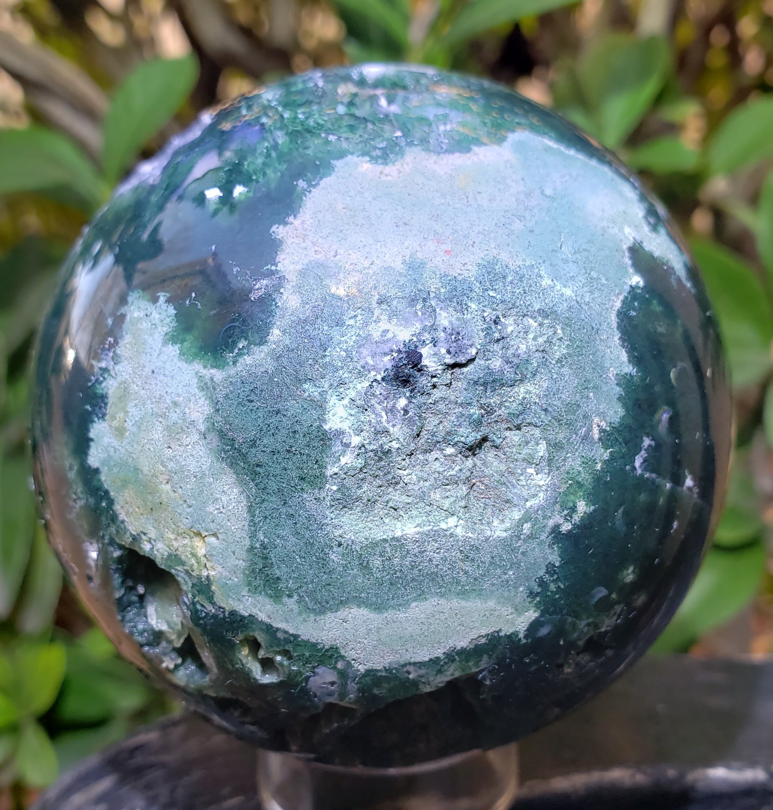 3″ Green Moss Agate Quartz Crystal Mineral Semi-Polished Sphere Ball Orb UV,532g