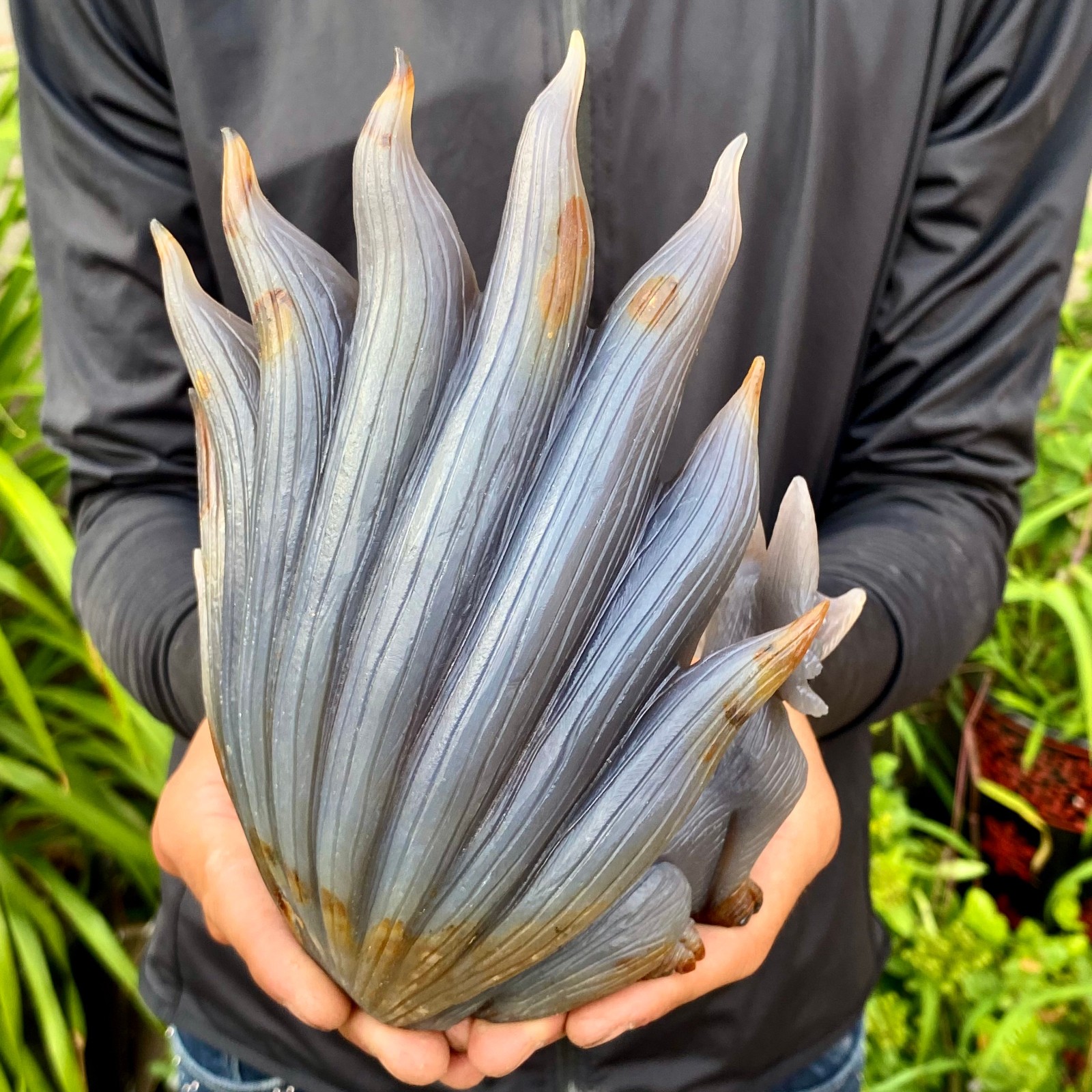 2.86LB Natural Agate Geode Hand Carved Nine-tailed Fox Quartz Crystal Decor