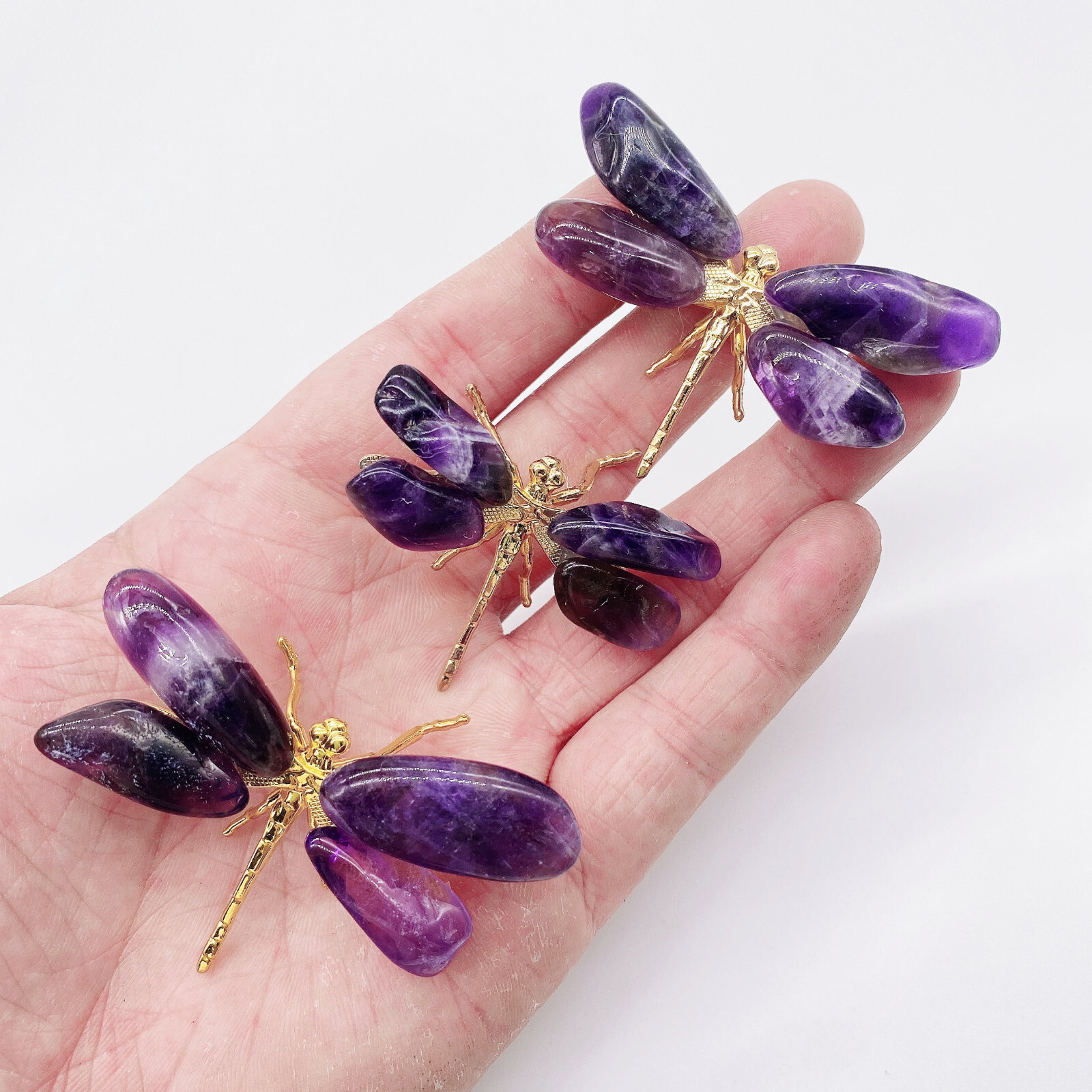 2PCS Natural Amethyst Reiki Gemstone Dragonfly Carving Crystal Quartz Healing