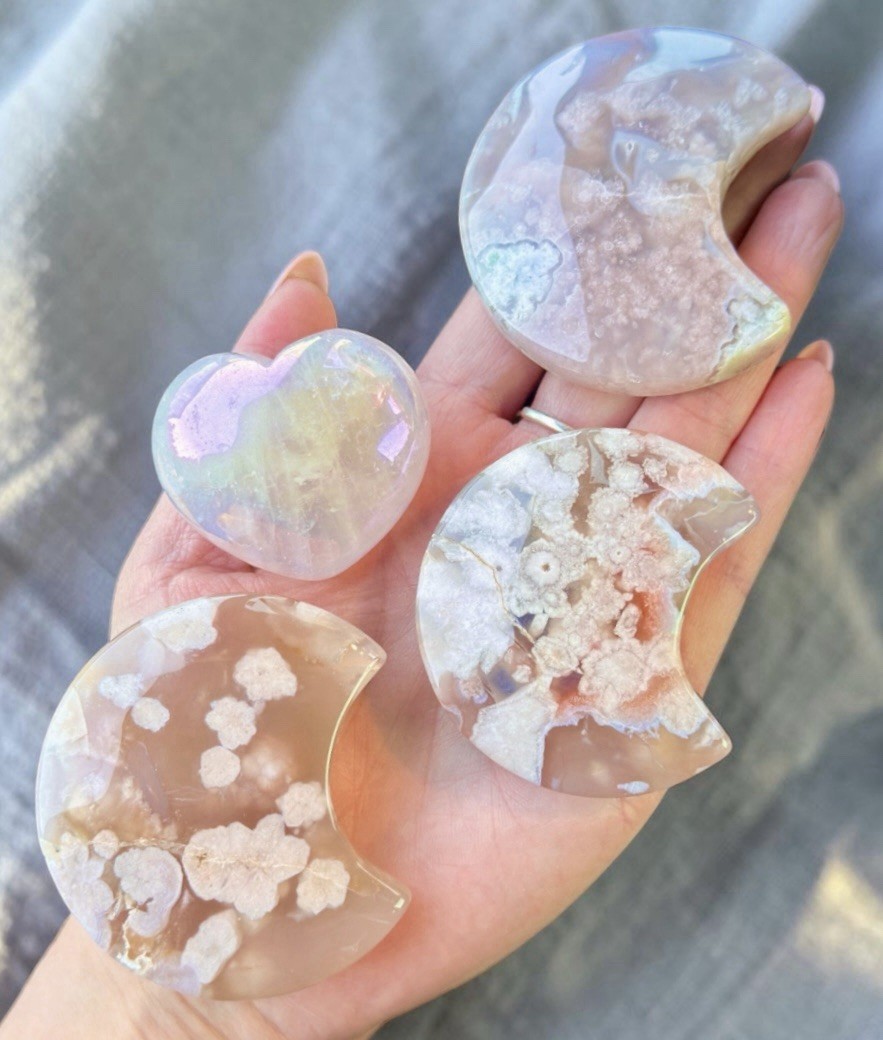 Pink Flower Agate Crescent Moon Set Aura Rose Quartz Heart Crystal Bundle 4pc