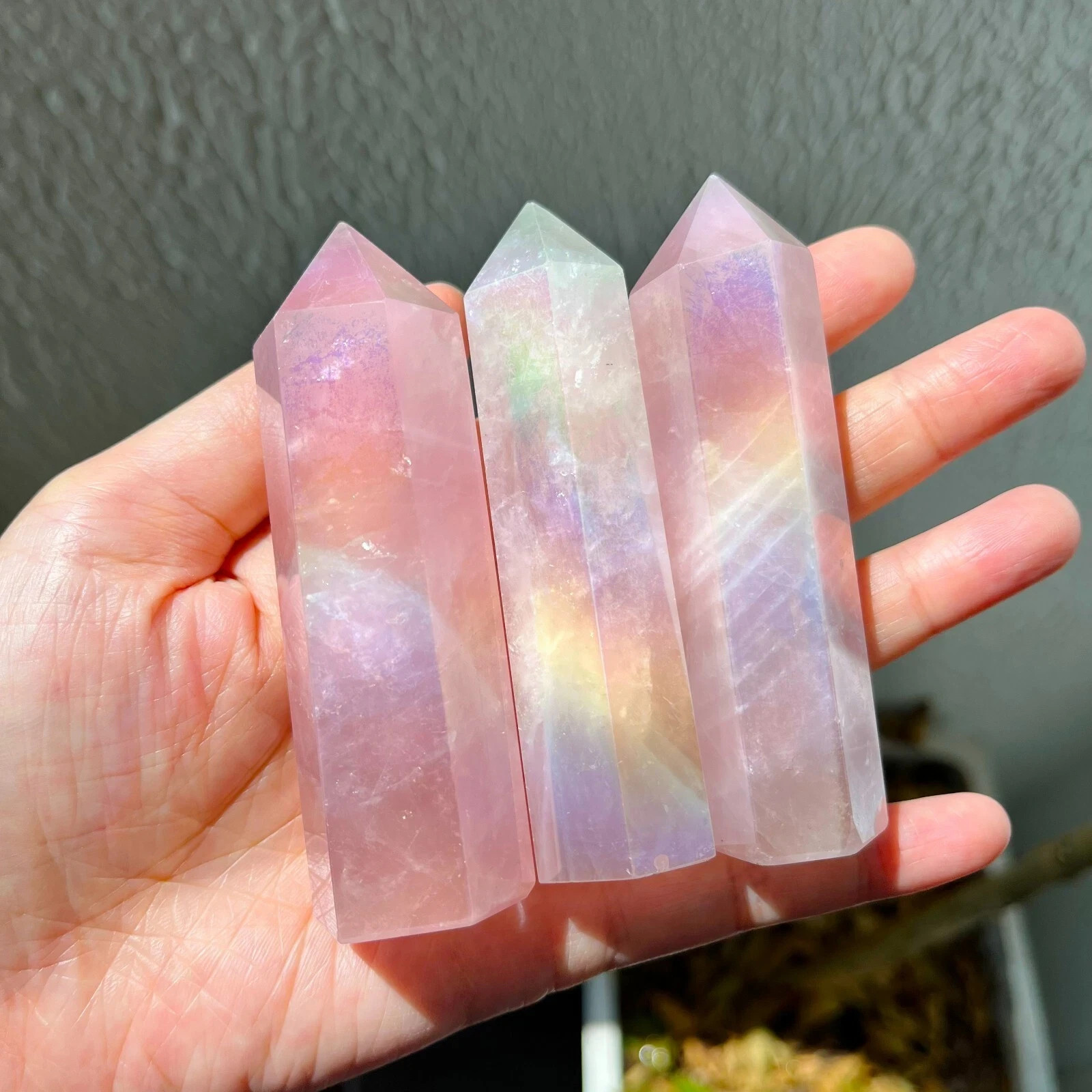 Natural Pink Angel Aura Rose Quartz Crystal Tower Iridescent Gemstone Point Gift