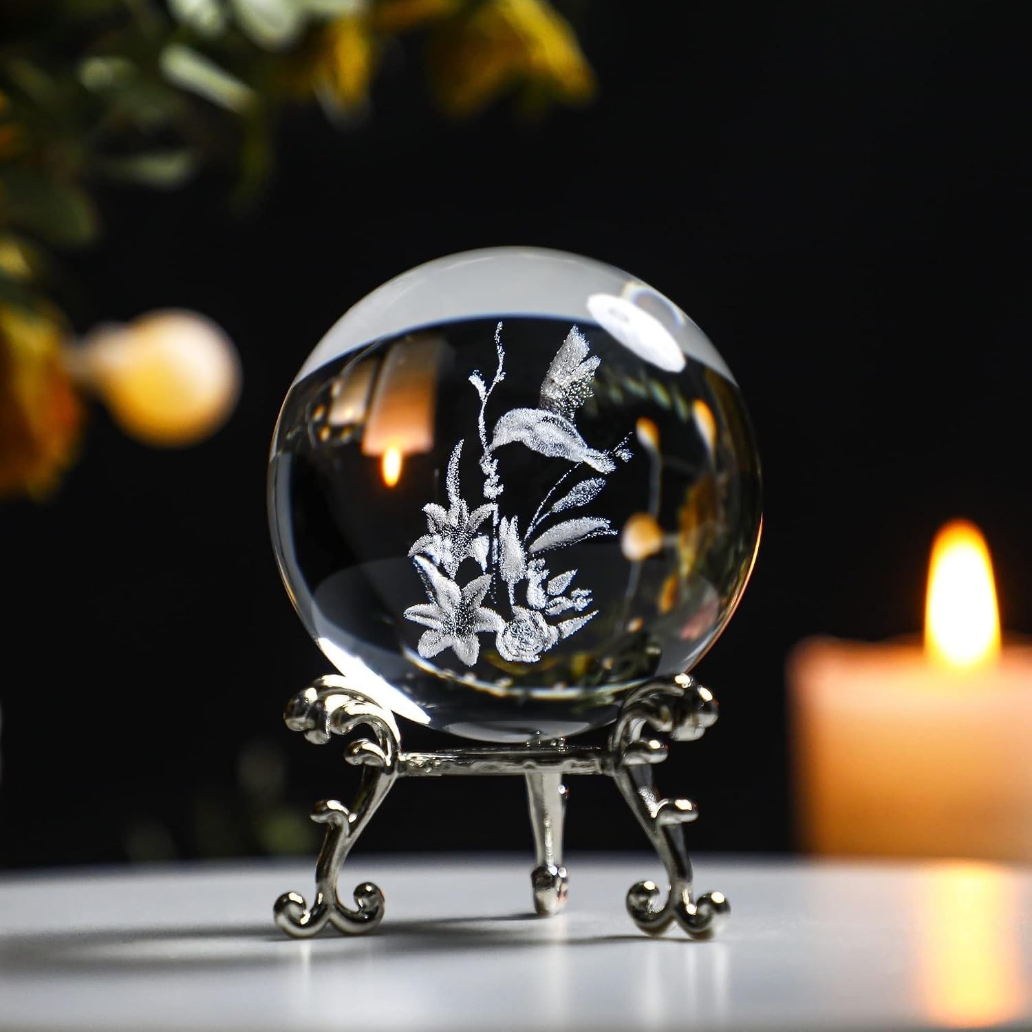 Exquisite 60mm Hummingbird Crystal Sphere with Metal Stand – Feng Shui Decor