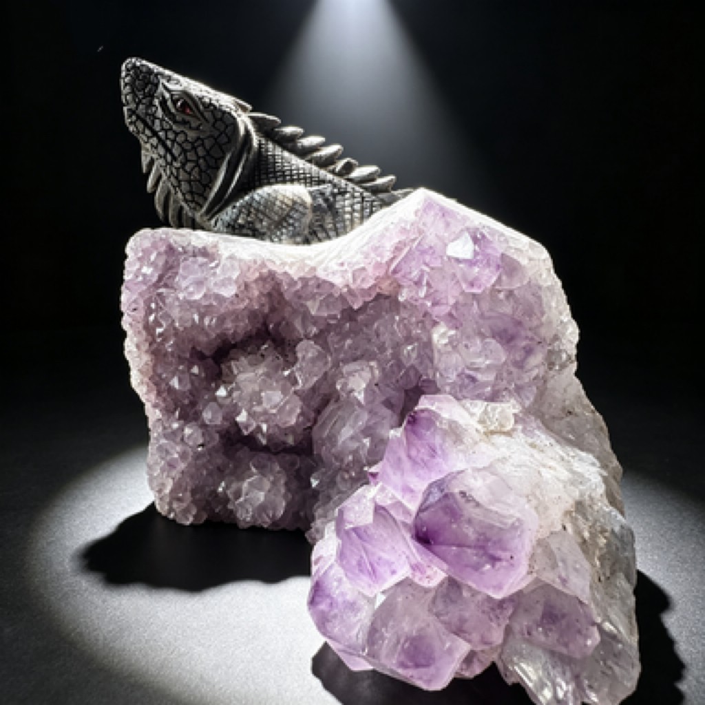 Natural Amethyst Cluster Lizard Sculpture Hand Carved Crystal Collectible Art