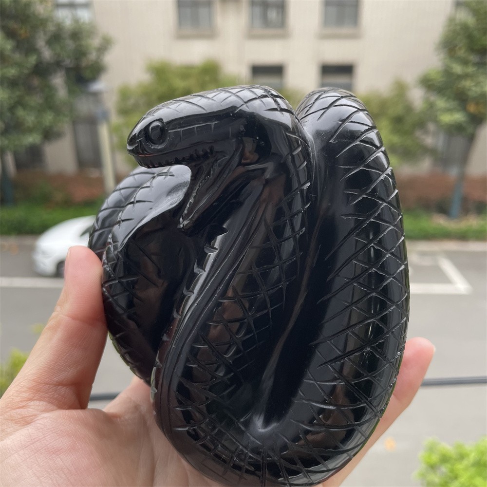 2.2LB 3.6″Natural Black Obsidian Snake Statue Crystal Reiki Heal Carving Decor