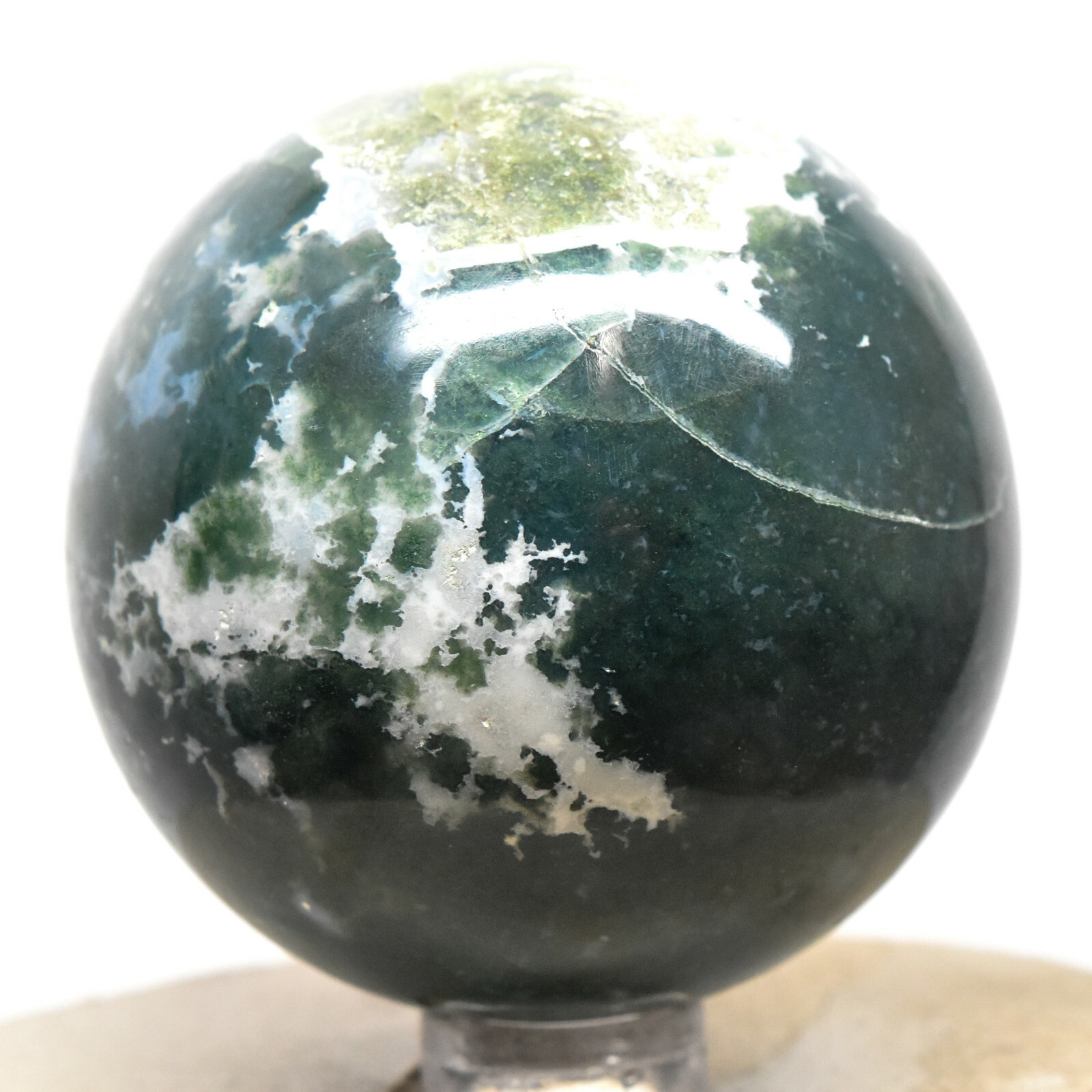 2.1″ White Green Blue Moss Agate Sphere Natural Chalcedony Mineral Stone – India