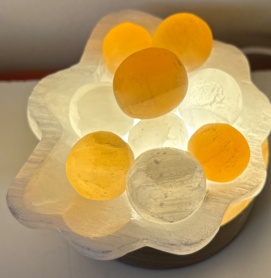 Selenite seashell and pearl lamp