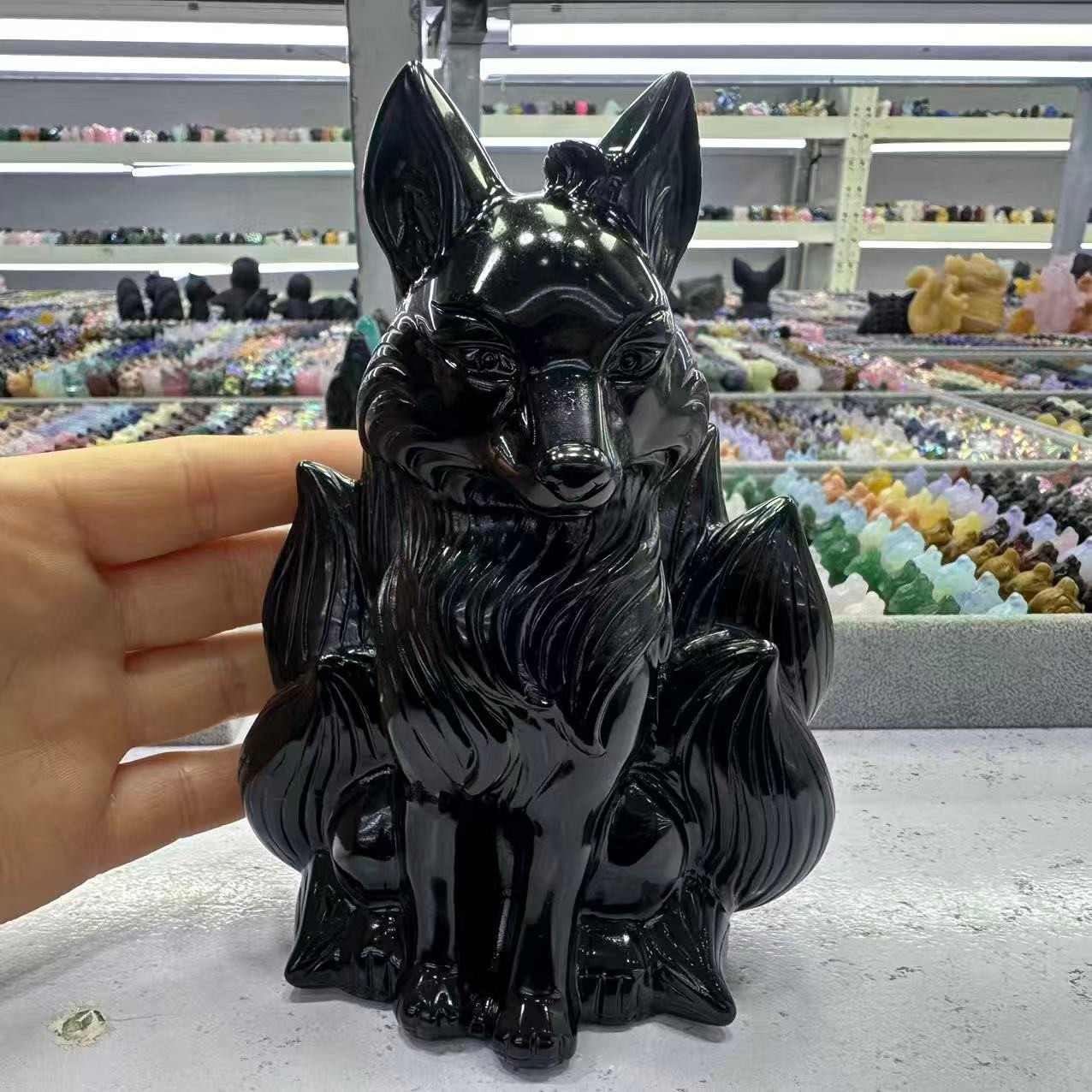 1.18LB Natural Obsidian Quartz Carved Nine-tailed fox Crystal Reiki Decor