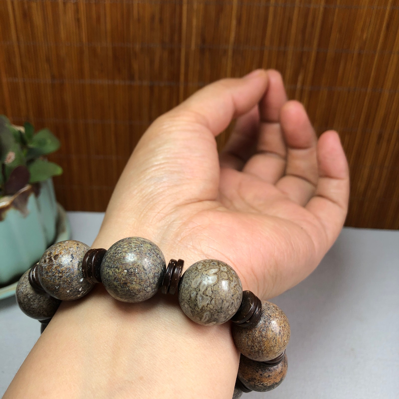 17+mm Natural dinosaur bone gemstone Crystal chain bracelet Specimen 87g A1077