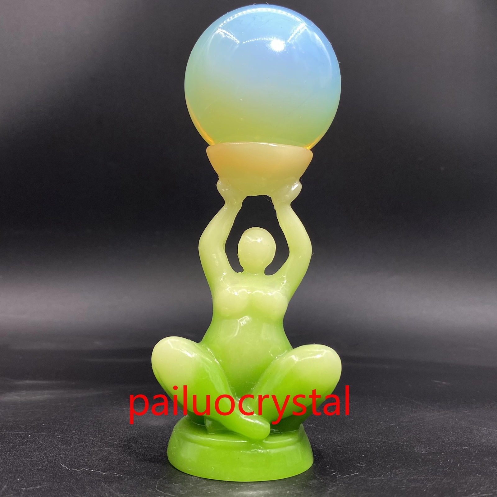 4″ Green Luminous Stone +resin Women Quartz Crystal Skull Goddess Base 1pc