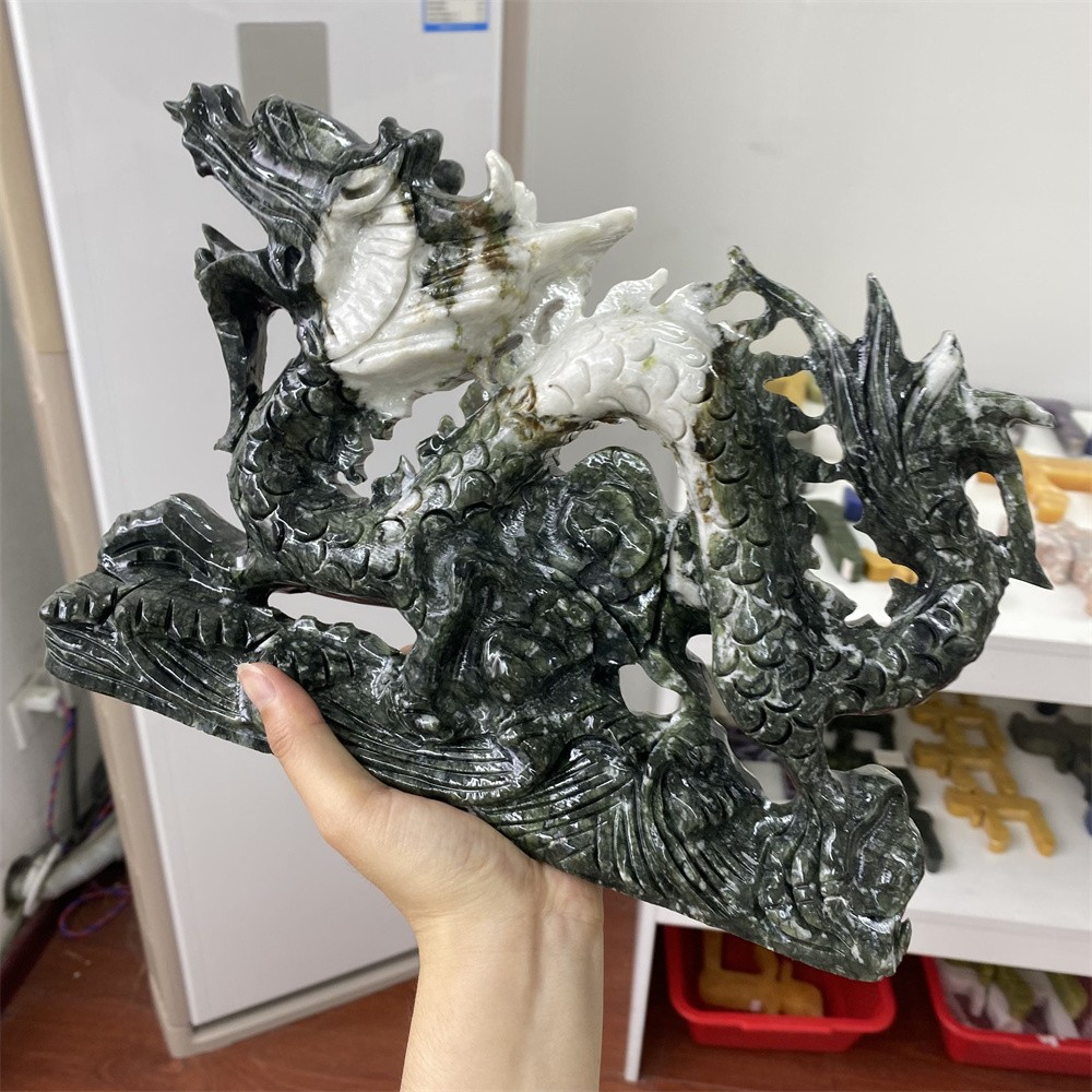 7.5LB 11.2″ Natural Xiuyan Jade Chinese Dragon Statue Crystal Reiki Carved Decor